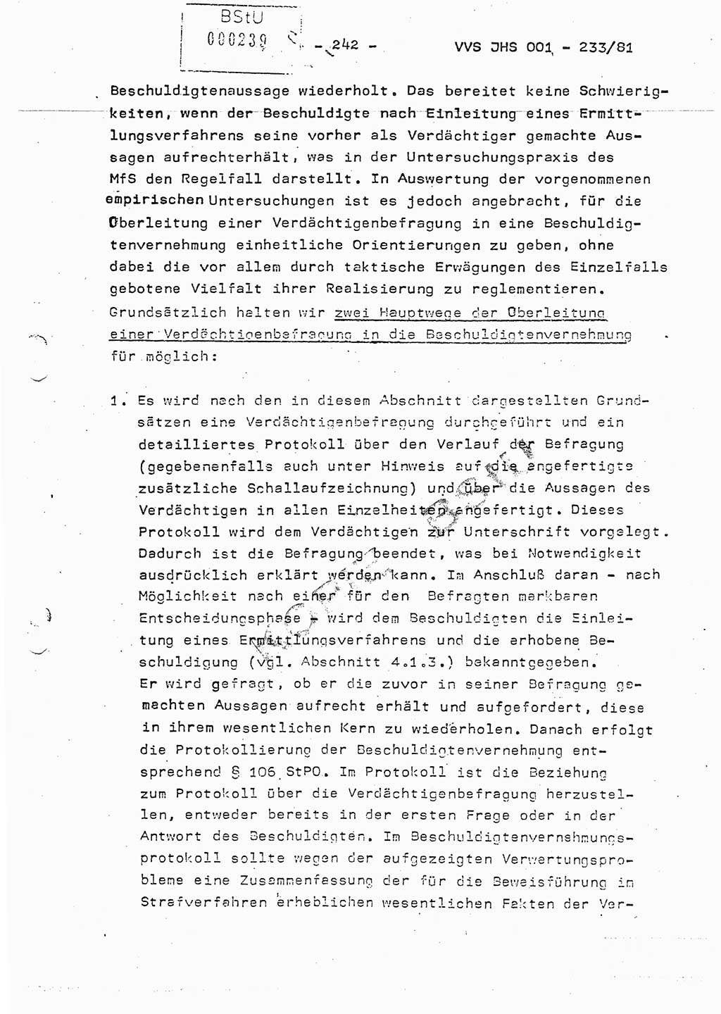Dissertation Oberstleutnant Horst Zank (JHS), Oberstleutnant Dr. Karl-Heinz Knoblauch (JHS), Oberstleutnant Gustav-Adolf Kowalewski (HA Ⅸ), Oberstleutnant Wolfgang Plötner (HA Ⅸ), Ministerium für Staatssicherheit (MfS) [Deutsche Demokratische Republik (DDR)], Juristische Hochschule (JHS), Vertrauliche Verschlußsache (VVS) o001-233/81, Potsdam 1981, Blatt 242 (Diss. MfS DDR JHS VVS o001-233/81 1981, Bl. 242)