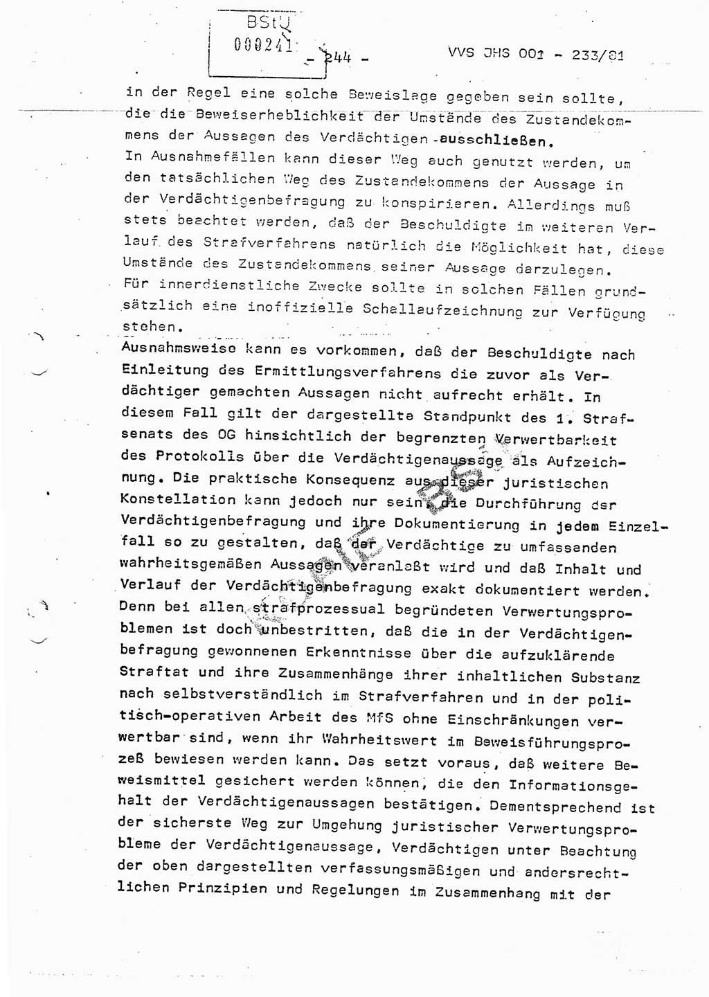 Dissertation Oberstleutnant Horst Zank (JHS), Oberstleutnant Dr. Karl-Heinz Knoblauch (JHS), Oberstleutnant Gustav-Adolf Kowalewski (HA Ⅸ), Oberstleutnant Wolfgang Plötner (HA Ⅸ), Ministerium für Staatssicherheit (MfS) [Deutsche Demokratische Republik (DDR)], Juristische Hochschule (JHS), Vertrauliche Verschlußsache (VVS) o001-233/81, Potsdam 1981, Blatt 244 (Diss. MfS DDR JHS VVS o001-233/81 1981, Bl. 244)