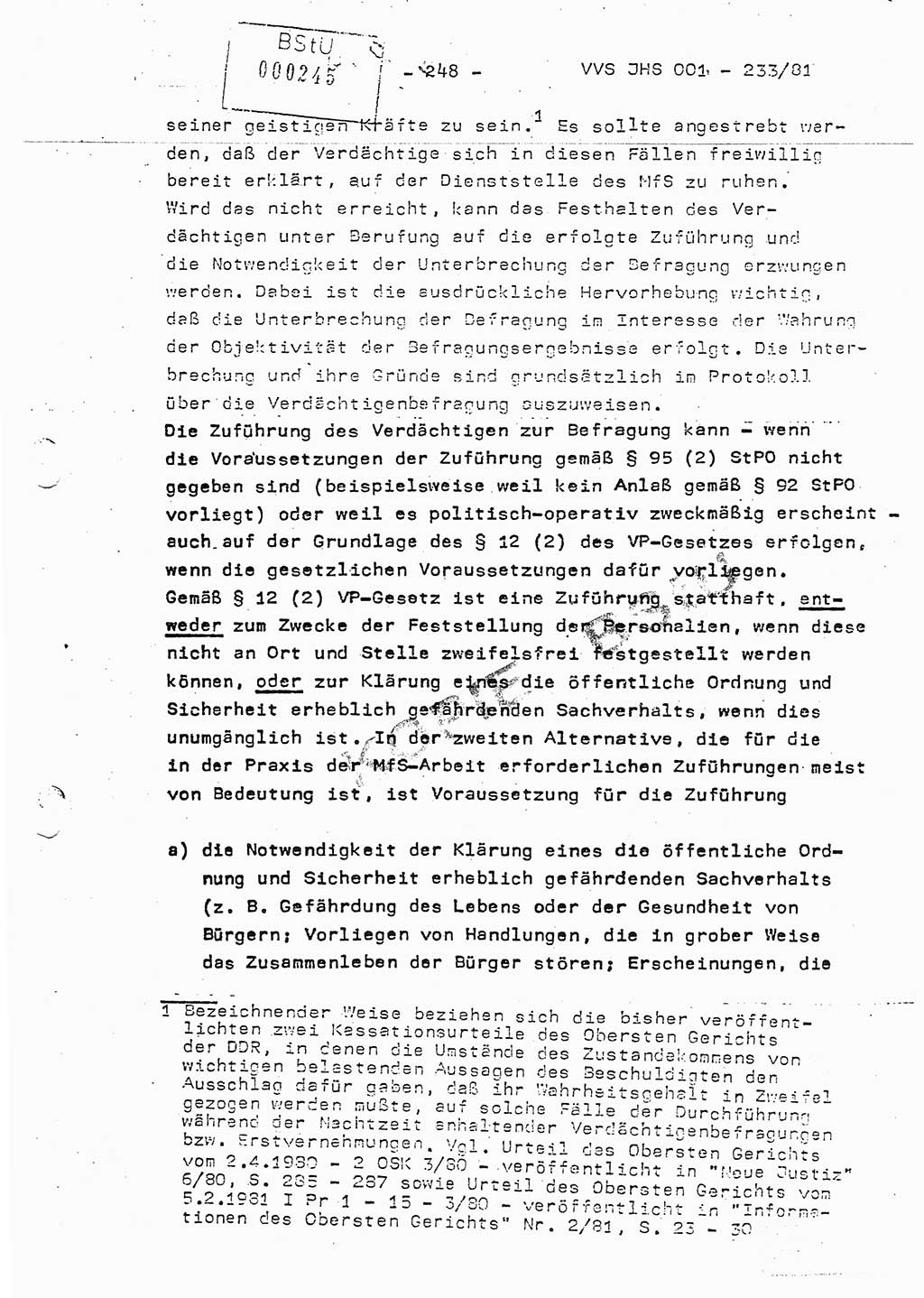 Dissertation Oberstleutnant Horst Zank (JHS), Oberstleutnant Dr. Karl-Heinz Knoblauch (JHS), Oberstleutnant Gustav-Adolf Kowalewski (HA Ⅸ), Oberstleutnant Wolfgang Plötner (HA Ⅸ), Ministerium für Staatssicherheit (MfS) [Deutsche Demokratische Republik (DDR)], Juristische Hochschule (JHS), Vertrauliche Verschlußsache (VVS) o001-233/81, Potsdam 1981, Blatt 248 (Diss. MfS DDR JHS VVS o001-233/81 1981, Bl. 248)