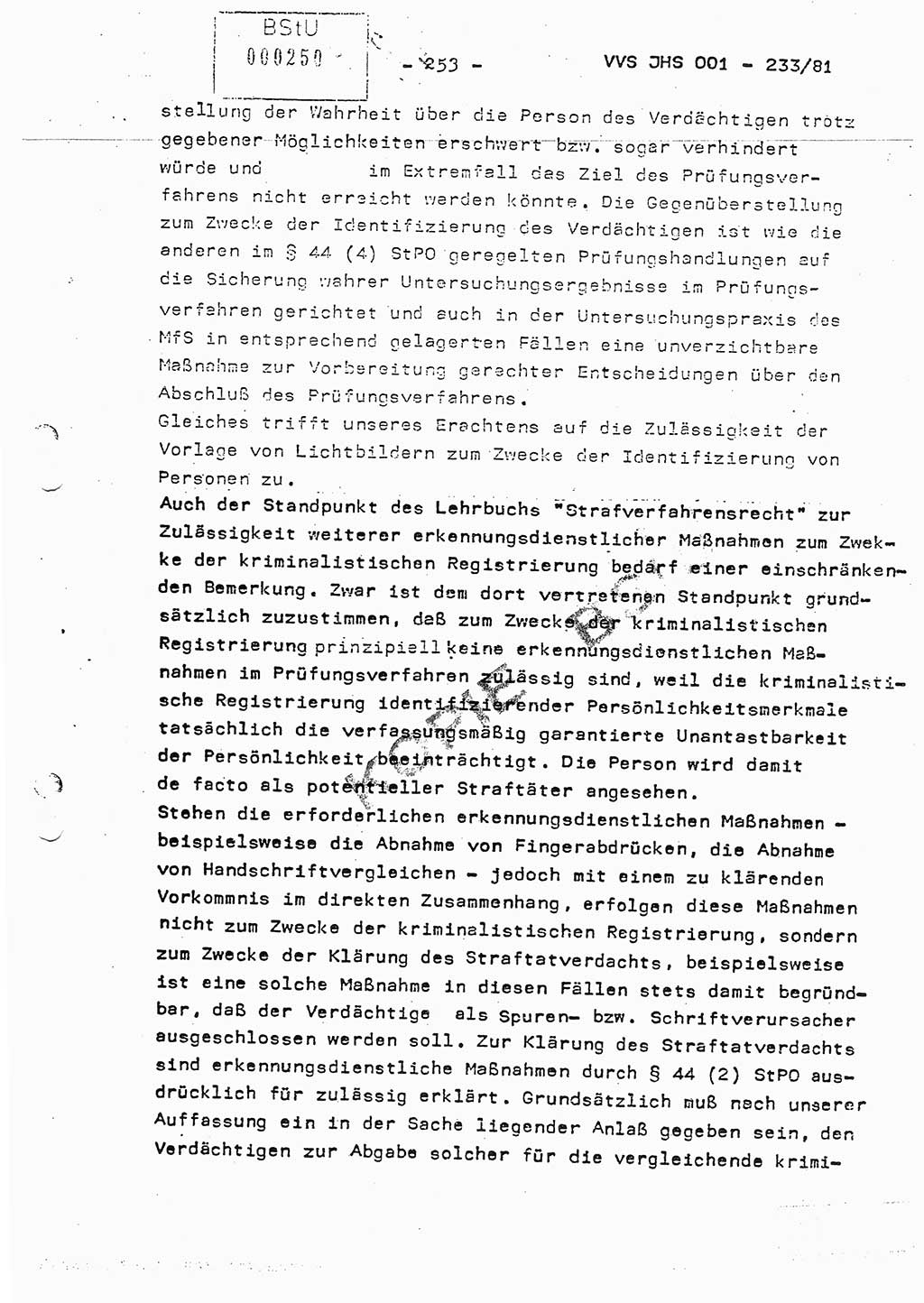 Dissertation Oberstleutnant Horst Zank (JHS), Oberstleutnant Dr. Karl-Heinz Knoblauch (JHS), Oberstleutnant Gustav-Adolf Kowalewski (HA Ⅸ), Oberstleutnant Wolfgang Plötner (HA Ⅸ), Ministerium für Staatssicherheit (MfS) [Deutsche Demokratische Republik (DDR)], Juristische Hochschule (JHS), Vertrauliche Verschlußsache (VVS) o001-233/81, Potsdam 1981, Blatt 253 (Diss. MfS DDR JHS VVS o001-233/81 1981, Bl. 253)