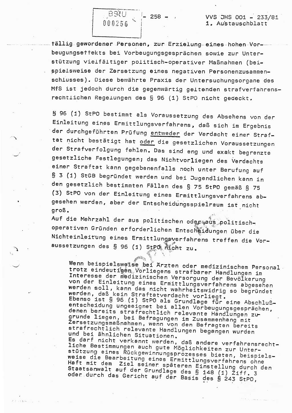Dissertation Oberstleutnant Horst Zank (JHS), Oberstleutnant Dr. Karl-Heinz Knoblauch (JHS), Oberstleutnant Gustav-Adolf Kowalewski (HA Ⅸ), Oberstleutnant Wolfgang Plötner (HA Ⅸ), Ministerium für Staatssicherheit (MfS) [Deutsche Demokratische Republik (DDR)], Juristische Hochschule (JHS), Vertrauliche Verschlußsache (VVS) o001-233/81, Potsdam 1981, Blatt 258 (Diss. MfS DDR JHS VVS o001-233/81 1981, Bl. 258)