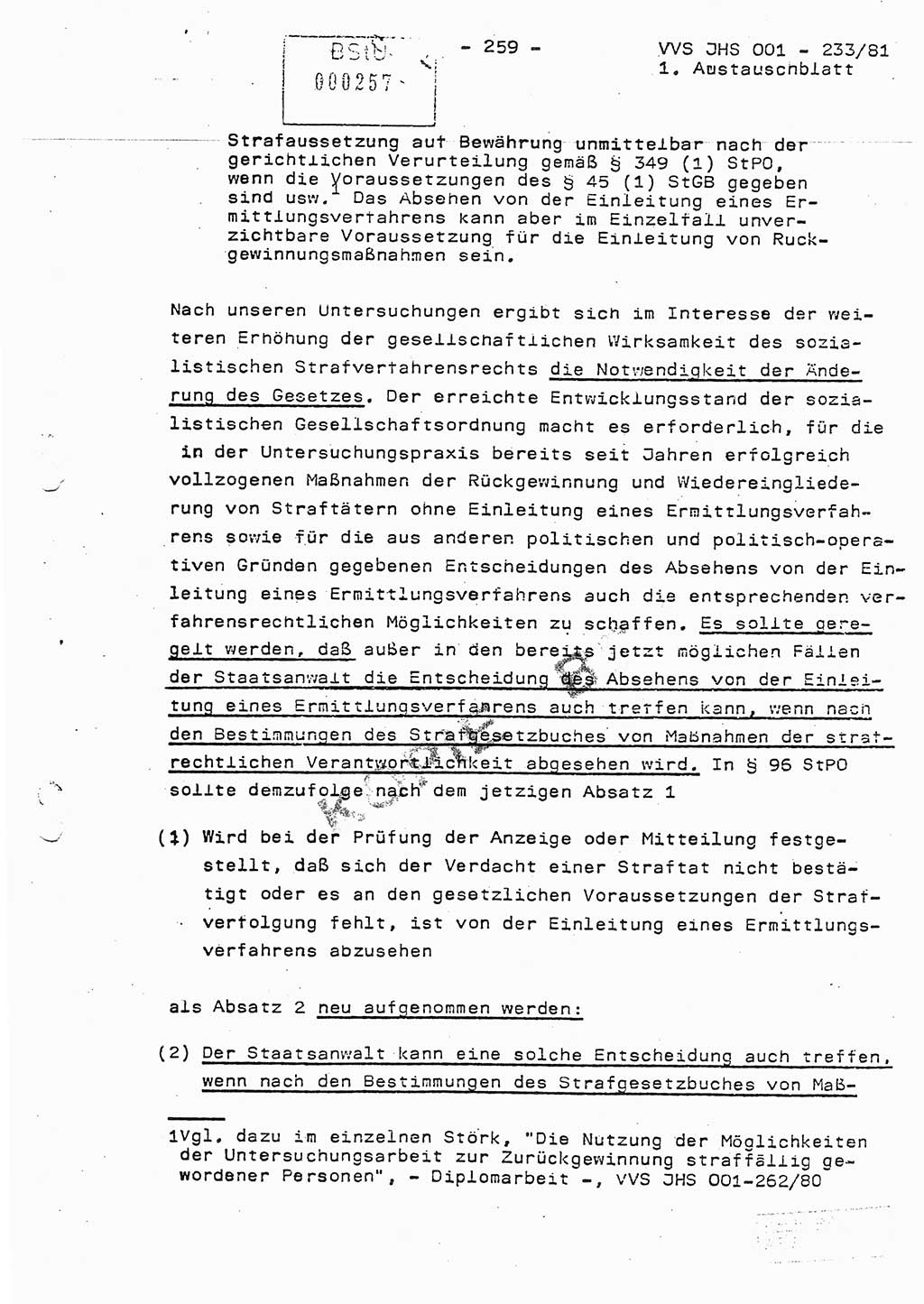 Dissertation Oberstleutnant Horst Zank (JHS), Oberstleutnant Dr. Karl-Heinz Knoblauch (JHS), Oberstleutnant Gustav-Adolf Kowalewski (HA Ⅸ), Oberstleutnant Wolfgang Plötner (HA Ⅸ), Ministerium für Staatssicherheit (MfS) [Deutsche Demokratische Republik (DDR)], Juristische Hochschule (JHS), Vertrauliche Verschlußsache (VVS) o001-233/81, Potsdam 1981, Blatt 259 (Diss. MfS DDR JHS VVS o001-233/81 1981, Bl. 259)