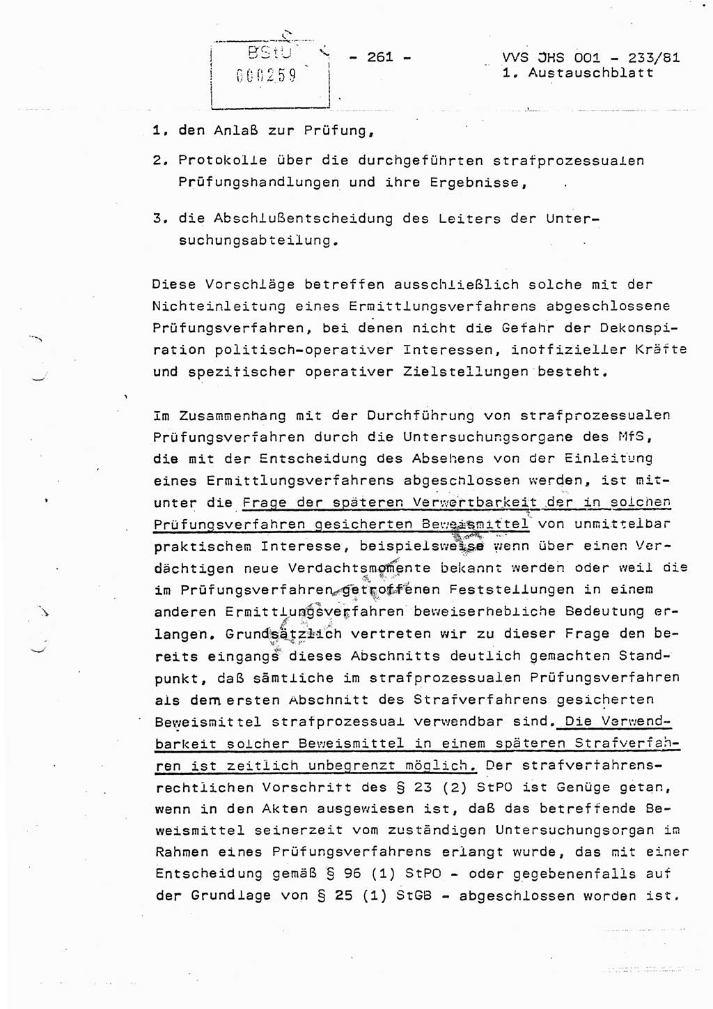 Dissertation Oberstleutnant Horst Zank (JHS), Oberstleutnant Dr. Karl-Heinz Knoblauch (JHS), Oberstleutnant Gustav-Adolf Kowalewski (HA Ⅸ), Oberstleutnant Wolfgang Plötner (HA Ⅸ), Ministerium für Staatssicherheit (MfS) [Deutsche Demokratische Republik (DDR)], Juristische Hochschule (JHS), Vertrauliche Verschlußsache (VVS) o001-233/81, Potsdam 1981, Blatt 261 (Diss. MfS DDR JHS VVS o001-233/81 1981, Bl. 261)