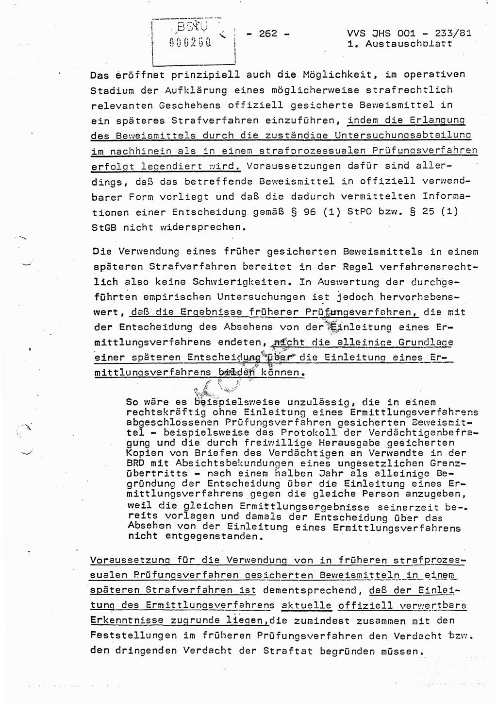 Dissertation Oberstleutnant Horst Zank (JHS), Oberstleutnant Dr. Karl-Heinz Knoblauch (JHS), Oberstleutnant Gustav-Adolf Kowalewski (HA Ⅸ), Oberstleutnant Wolfgang Plötner (HA Ⅸ), Ministerium für Staatssicherheit (MfS) [Deutsche Demokratische Republik (DDR)], Juristische Hochschule (JHS), Vertrauliche Verschlußsache (VVS) o001-233/81, Potsdam 1981, Blatt 262 (Diss. MfS DDR JHS VVS o001-233/81 1981, Bl. 262)