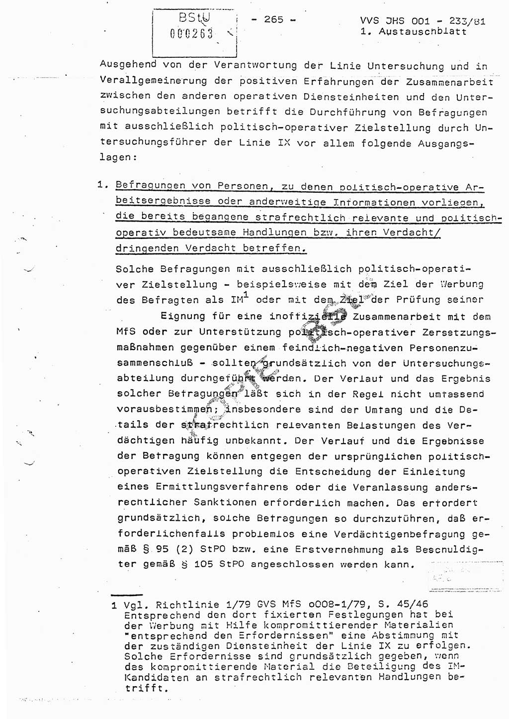 Dissertation Oberstleutnant Horst Zank (JHS), Oberstleutnant Dr. Karl-Heinz Knoblauch (JHS), Oberstleutnant Gustav-Adolf Kowalewski (HA Ⅸ), Oberstleutnant Wolfgang Plötner (HA Ⅸ), Ministerium für Staatssicherheit (MfS) [Deutsche Demokratische Republik (DDR)], Juristische Hochschule (JHS), Vertrauliche Verschlußsache (VVS) o001-233/81, Potsdam 1981, Blatt 265 (Diss. MfS DDR JHS VVS o001-233/81 1981, Bl. 265)
