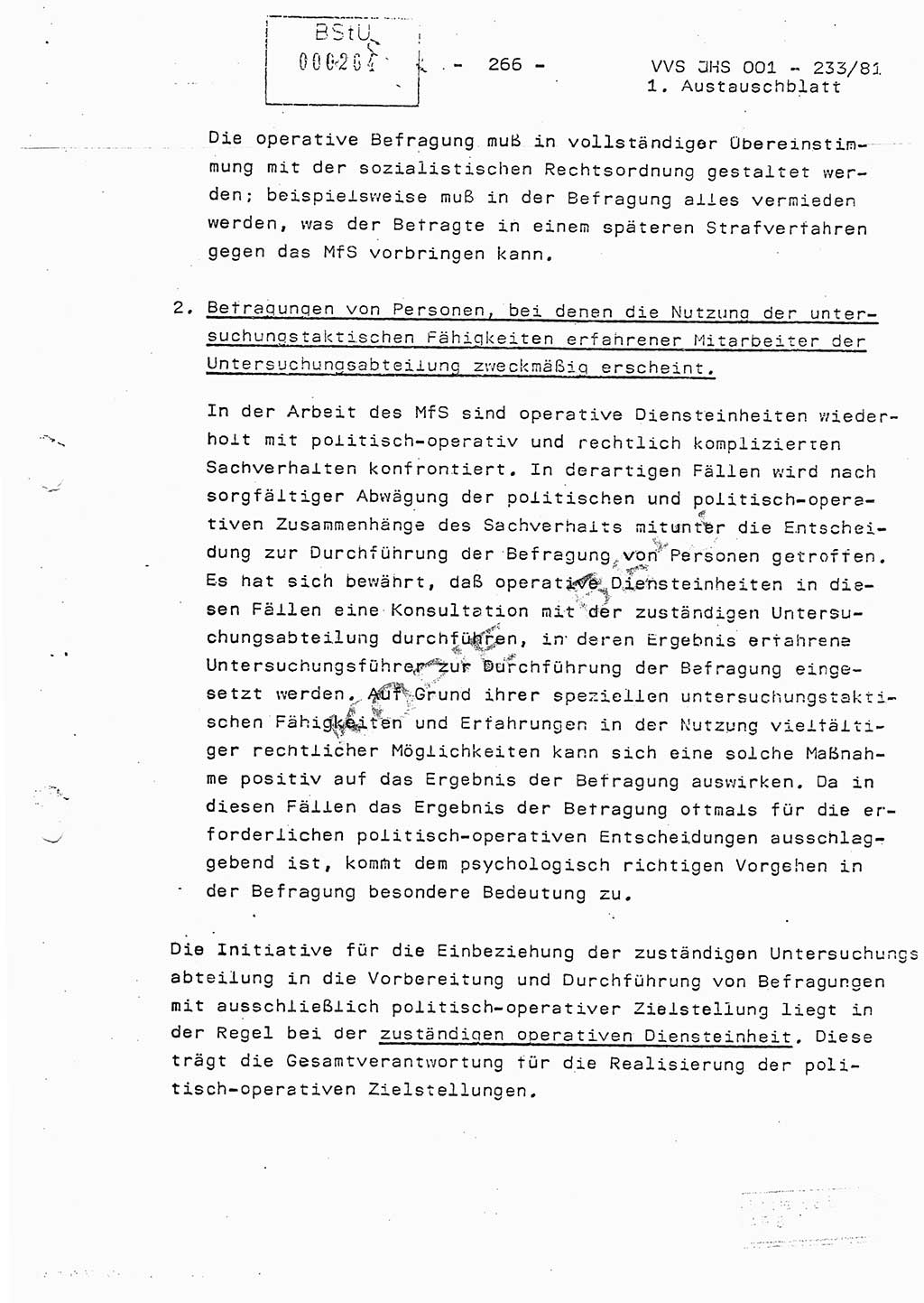 Dissertation Oberstleutnant Horst Zank (JHS), Oberstleutnant Dr. Karl-Heinz Knoblauch (JHS), Oberstleutnant Gustav-Adolf Kowalewski (HA Ⅸ), Oberstleutnant Wolfgang Plötner (HA Ⅸ), Ministerium für Staatssicherheit (MfS) [Deutsche Demokratische Republik (DDR)], Juristische Hochschule (JHS), Vertrauliche Verschlußsache (VVS) o001-233/81, Potsdam 1981, Blatt 266 (Diss. MfS DDR JHS VVS o001-233/81 1981, Bl. 266)