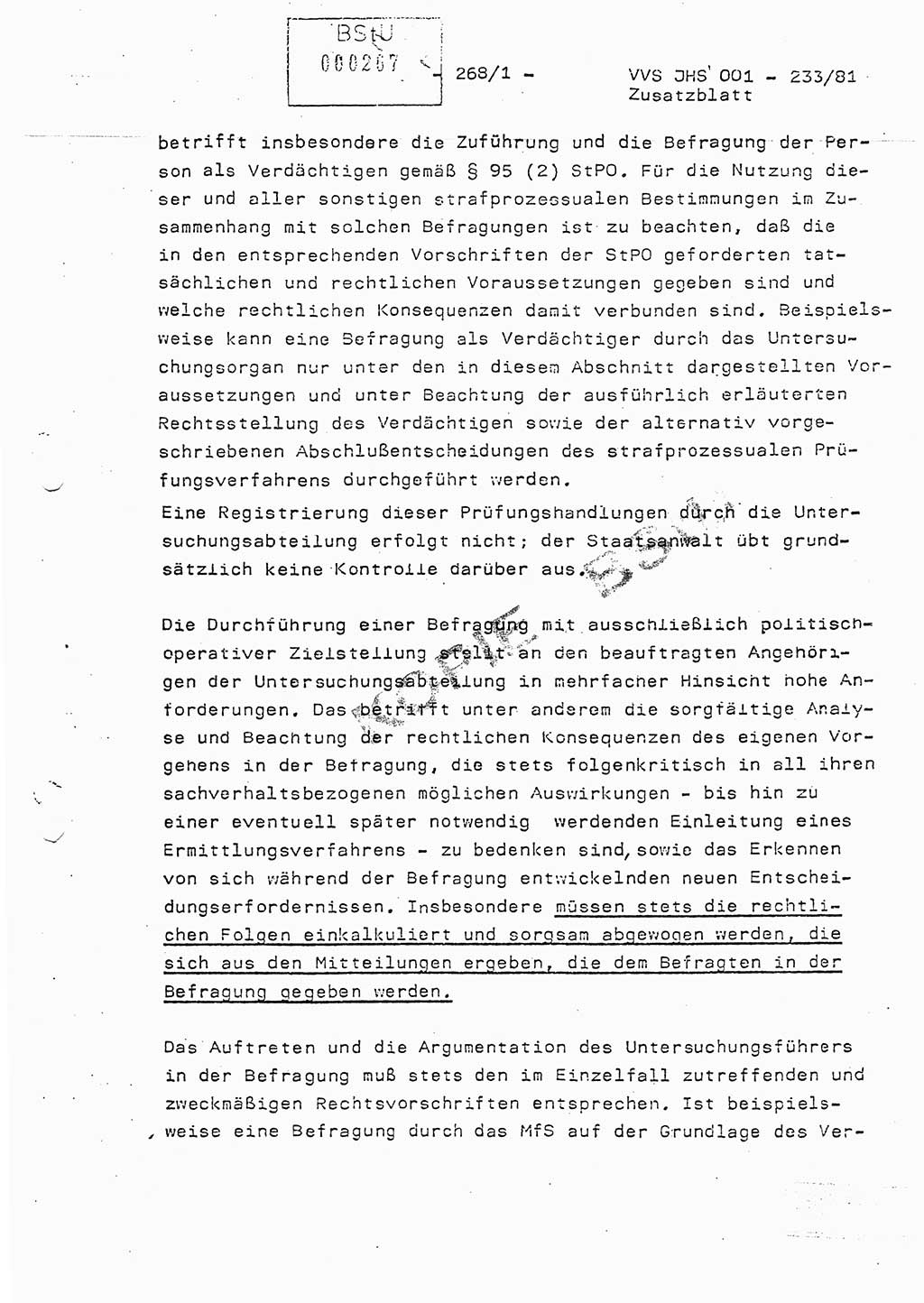 Dissertation Oberstleutnant Horst Zank (JHS), Oberstleutnant Dr. Karl-Heinz Knoblauch (JHS), Oberstleutnant Gustav-Adolf Kowalewski (HA Ⅸ), Oberstleutnant Wolfgang Plötner (HA Ⅸ), Ministerium für Staatssicherheit (MfS) [Deutsche Demokratische Republik (DDR)], Juristische Hochschule (JHS), Vertrauliche Verschlußsache (VVS) o001-233/81, Potsdam 1981, Blatt 268/1 (Diss. MfS DDR JHS VVS o001-233/81 1981, Bl. 268/1)