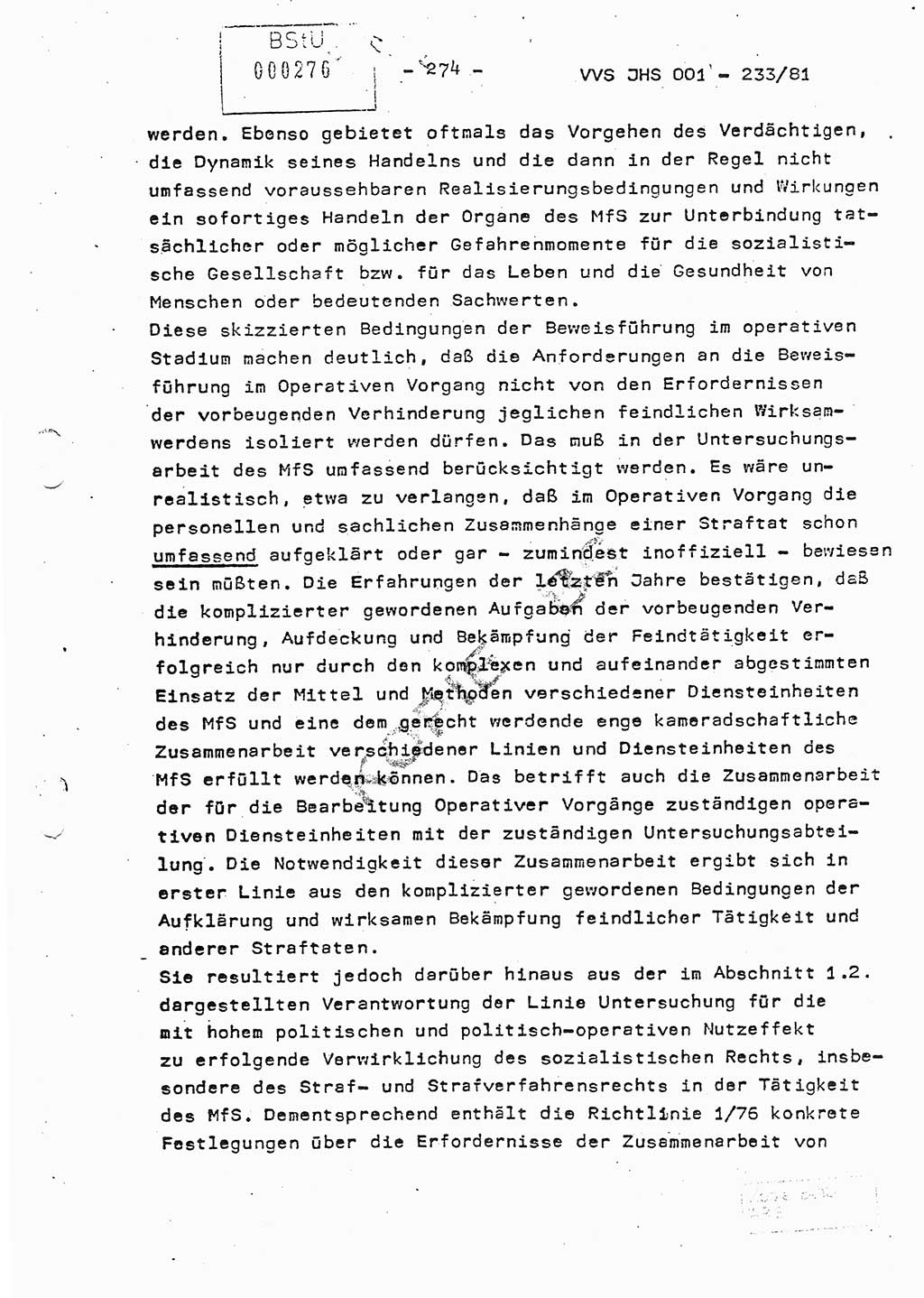 Dissertation Oberstleutnant Horst Zank (JHS), Oberstleutnant Dr. Karl-Heinz Knoblauch (JHS), Oberstleutnant Gustav-Adolf Kowalewski (HA Ⅸ), Oberstleutnant Wolfgang Plötner (HA Ⅸ), Ministerium für Staatssicherheit (MfS) [Deutsche Demokratische Republik (DDR)], Juristische Hochschule (JHS), Vertrauliche Verschlußsache (VVS) o001-233/81, Potsdam 1981, Blatt 274 (Diss. MfS DDR JHS VVS o001-233/81 1981, Bl. 274)