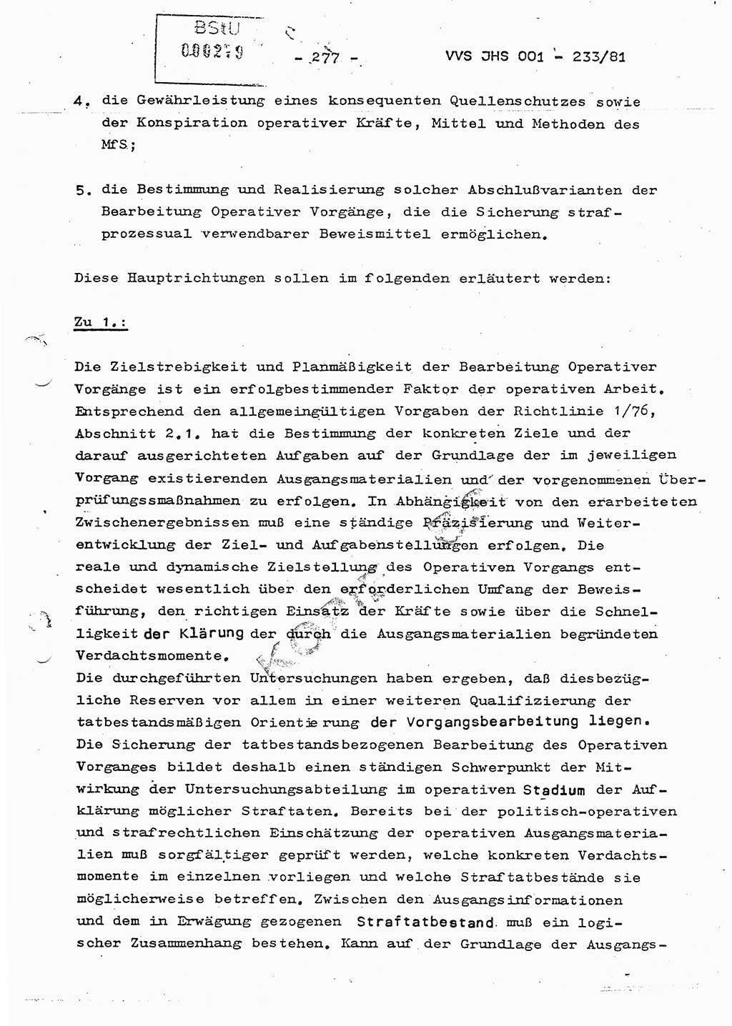 Dissertation Oberstleutnant Horst Zank (JHS), Oberstleutnant Dr. Karl-Heinz Knoblauch (JHS), Oberstleutnant Gustav-Adolf Kowalewski (HA Ⅸ), Oberstleutnant Wolfgang Plötner (HA Ⅸ), Ministerium für Staatssicherheit (MfS) [Deutsche Demokratische Republik (DDR)], Juristische Hochschule (JHS), Vertrauliche Verschlußsache (VVS) o001-233/81, Potsdam 1981, Blatt 277 (Diss. MfS DDR JHS VVS o001-233/81 1981, Bl. 277)