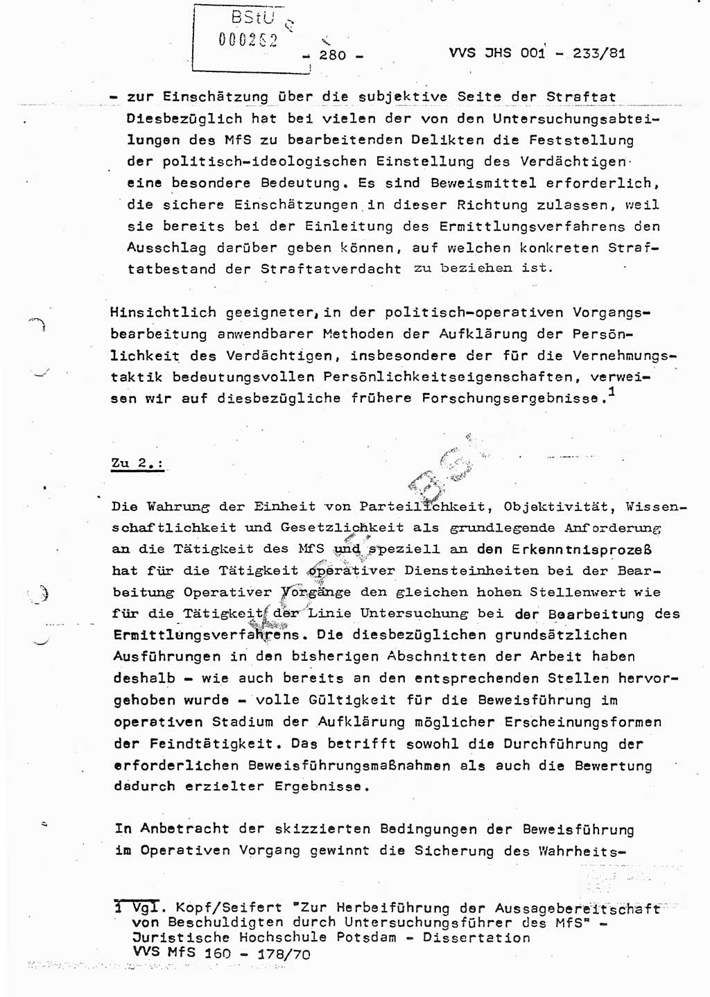 Dissertation Oberstleutnant Horst Zank (JHS), Oberstleutnant Dr. Karl-Heinz Knoblauch (JHS), Oberstleutnant Gustav-Adolf Kowalewski (HA Ⅸ), Oberstleutnant Wolfgang Plötner (HA Ⅸ), Ministerium für Staatssicherheit (MfS) [Deutsche Demokratische Republik (DDR)], Juristische Hochschule (JHS), Vertrauliche Verschlußsache (VVS) o001-233/81, Potsdam 1981, Blatt 280 (Diss. MfS DDR JHS VVS o001-233/81 1981, Bl. 280)