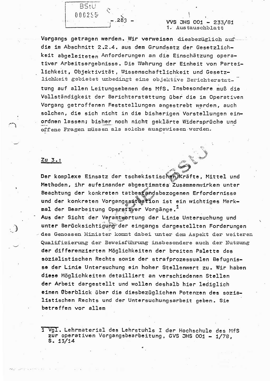 Dissertation Oberstleutnant Horst Zank (JHS), Oberstleutnant Dr. Karl-Heinz Knoblauch (JHS), Oberstleutnant Gustav-Adolf Kowalewski (HA Ⅸ), Oberstleutnant Wolfgang Plötner (HA Ⅸ), Ministerium für Staatssicherheit (MfS) [Deutsche Demokratische Republik (DDR)], Juristische Hochschule (JHS), Vertrauliche Verschlußsache (VVS) o001-233/81, Potsdam 1981, Blatt 283 (Diss. MfS DDR JHS VVS o001-233/81 1981, Bl. 283)