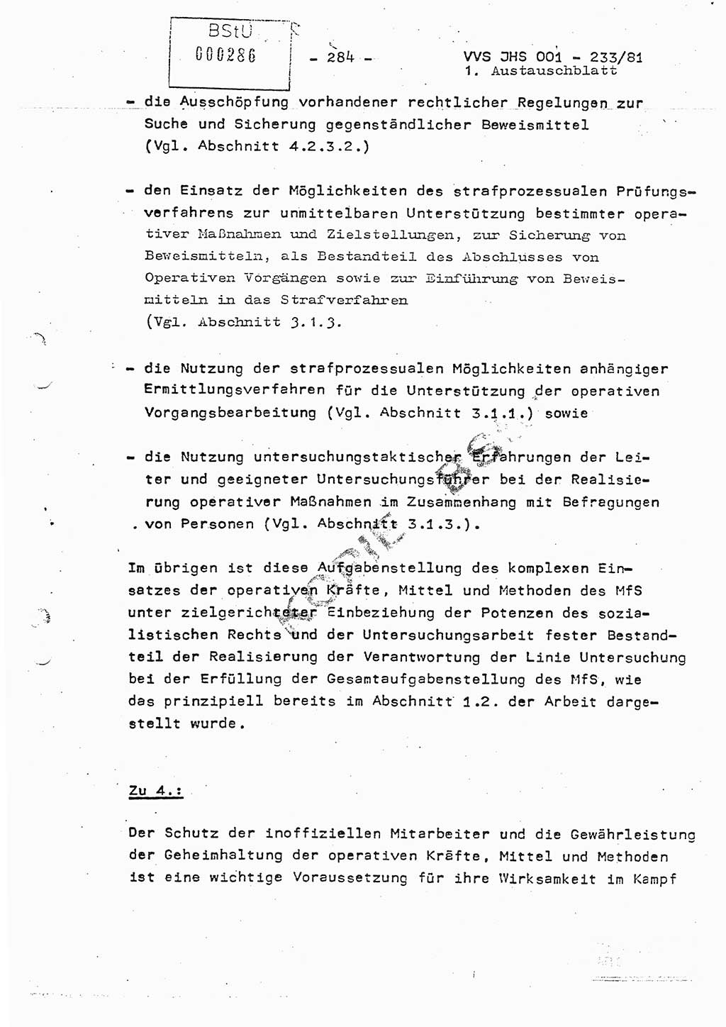 Dissertation Oberstleutnant Horst Zank (JHS), Oberstleutnant Dr. Karl-Heinz Knoblauch (JHS), Oberstleutnant Gustav-Adolf Kowalewski (HA Ⅸ), Oberstleutnant Wolfgang Plötner (HA Ⅸ), Ministerium für Staatssicherheit (MfS) [Deutsche Demokratische Republik (DDR)], Juristische Hochschule (JHS), Vertrauliche Verschlußsache (VVS) o001-233/81, Potsdam 1981, Blatt 284 (Diss. MfS DDR JHS VVS o001-233/81 1981, Bl. 284)