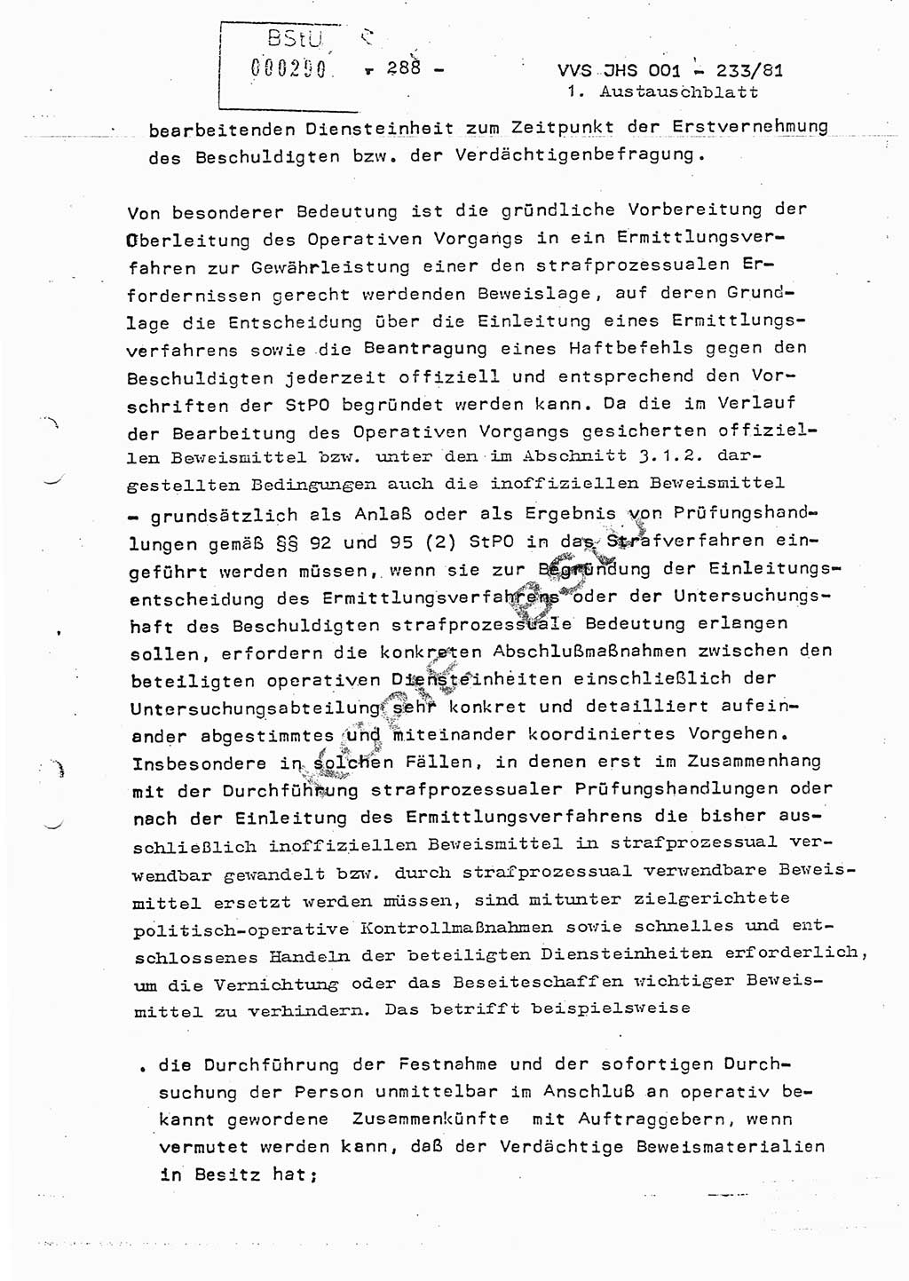 Dissertation Oberstleutnant Horst Zank (JHS), Oberstleutnant Dr. Karl-Heinz Knoblauch (JHS), Oberstleutnant Gustav-Adolf Kowalewski (HA Ⅸ), Oberstleutnant Wolfgang Plötner (HA Ⅸ), Ministerium für Staatssicherheit (MfS) [Deutsche Demokratische Republik (DDR)], Juristische Hochschule (JHS), Vertrauliche Verschlußsache (VVS) o001-233/81, Potsdam 1981, Blatt 288 (Diss. MfS DDR JHS VVS o001-233/81 1981, Bl. 288)