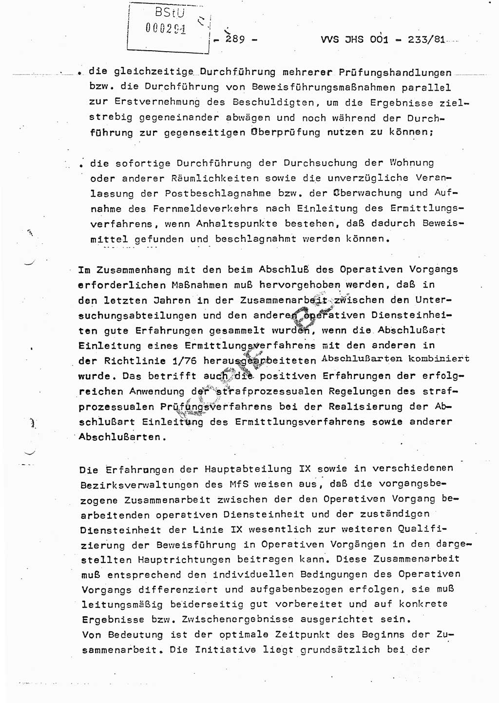 Dissertation Oberstleutnant Horst Zank (JHS), Oberstleutnant Dr. Karl-Heinz Knoblauch (JHS), Oberstleutnant Gustav-Adolf Kowalewski (HA Ⅸ), Oberstleutnant Wolfgang Plötner (HA Ⅸ), Ministerium für Staatssicherheit (MfS) [Deutsche Demokratische Republik (DDR)], Juristische Hochschule (JHS), Vertrauliche Verschlußsache (VVS) o001-233/81, Potsdam 1981, Blatt 289 (Diss. MfS DDR JHS VVS o001-233/81 1981, Bl. 289)