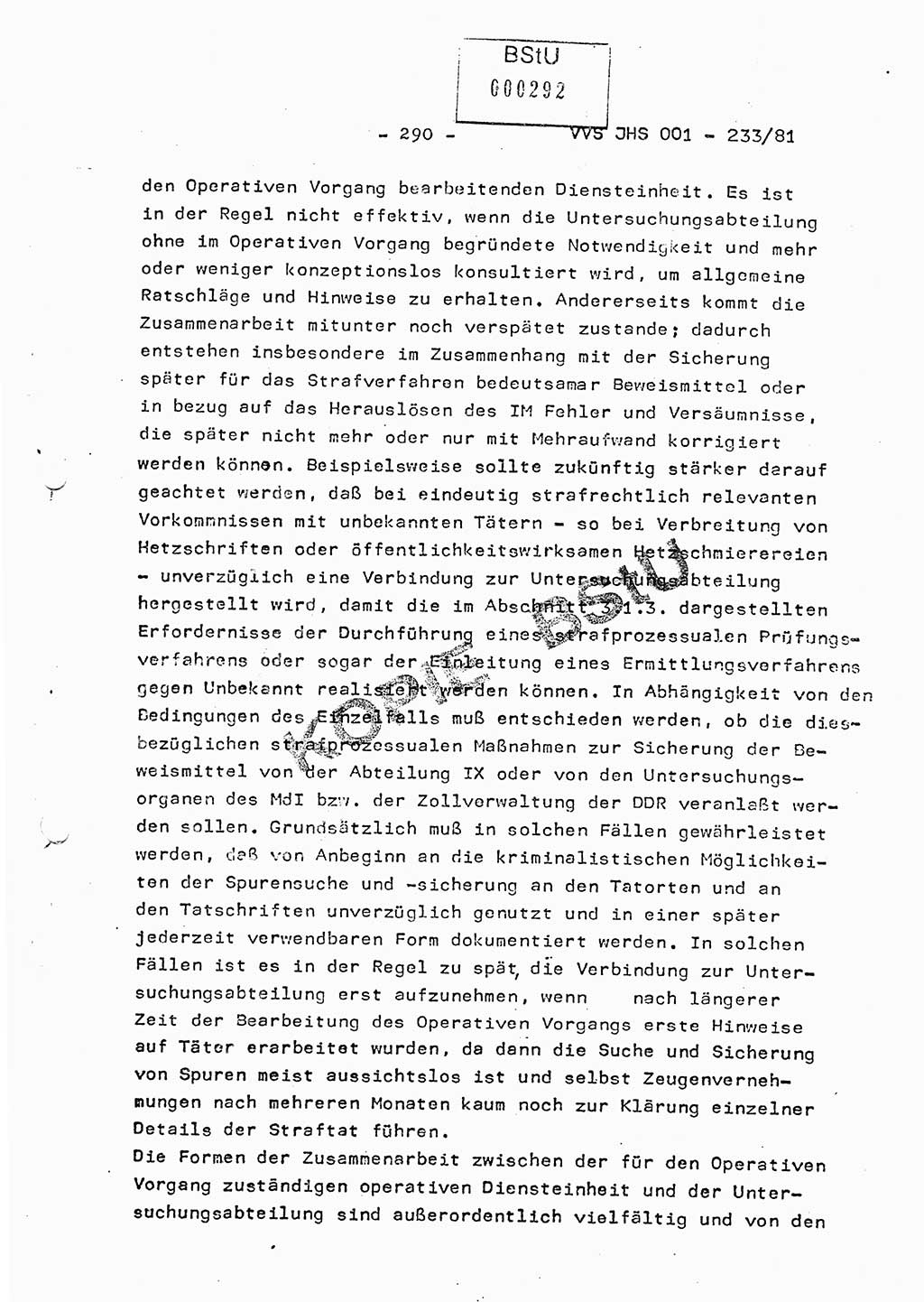 Dissertation Oberstleutnant Horst Zank (JHS), Oberstleutnant Dr. Karl-Heinz Knoblauch (JHS), Oberstleutnant Gustav-Adolf Kowalewski (HA Ⅸ), Oberstleutnant Wolfgang Plötner (HA Ⅸ), Ministerium für Staatssicherheit (MfS) [Deutsche Demokratische Republik (DDR)], Juristische Hochschule (JHS), Vertrauliche Verschlußsache (VVS) o001-233/81, Potsdam 1981, Blatt 290 (Diss. MfS DDR JHS VVS o001-233/81 1981, Bl. 290)