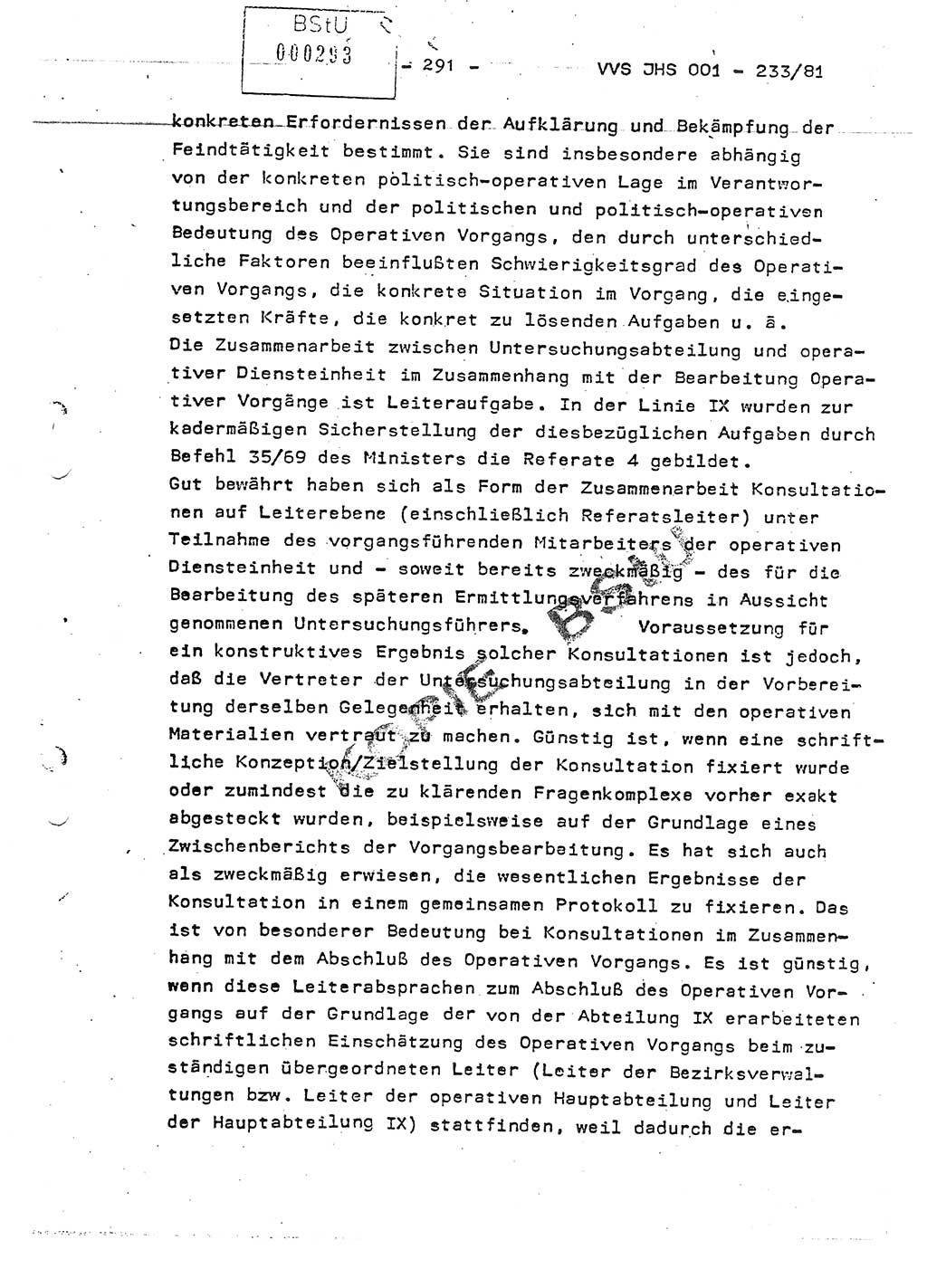 Dissertation Oberstleutnant Horst Zank (JHS), Oberstleutnant Dr. Karl-Heinz Knoblauch (JHS), Oberstleutnant Gustav-Adolf Kowalewski (HA Ⅸ), Oberstleutnant Wolfgang Plötner (HA Ⅸ), Ministerium für Staatssicherheit (MfS) [Deutsche Demokratische Republik (DDR)], Juristische Hochschule (JHS), Vertrauliche Verschlußsache (VVS) o001-233/81, Potsdam 1981, Blatt 291 (Diss. MfS DDR JHS VVS o001-233/81 1981, Bl. 291)