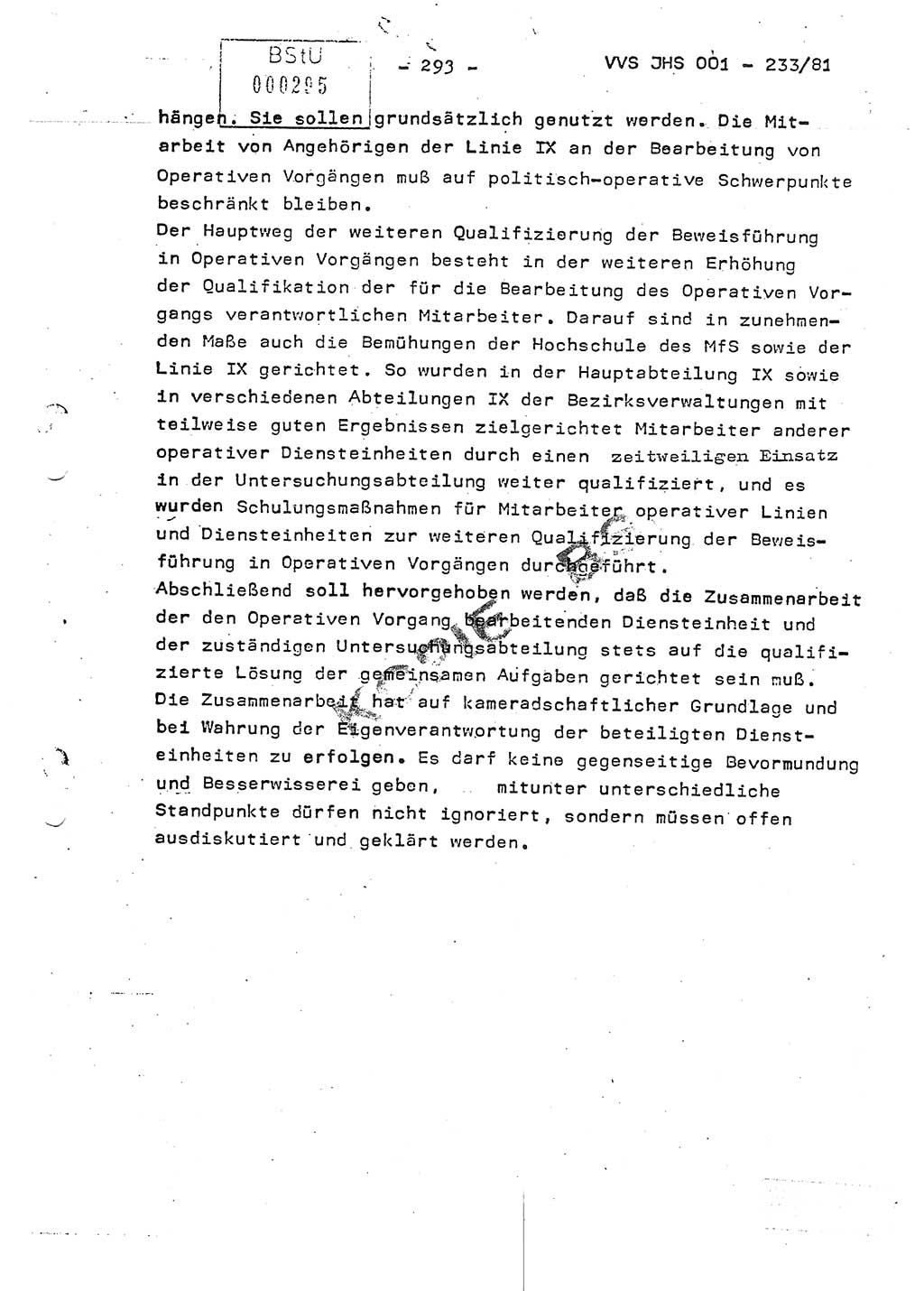 Dissertation Oberstleutnant Horst Zank (JHS), Oberstleutnant Dr. Karl-Heinz Knoblauch (JHS), Oberstleutnant Gustav-Adolf Kowalewski (HA Ⅸ), Oberstleutnant Wolfgang Plötner (HA Ⅸ), Ministerium für Staatssicherheit (MfS) [Deutsche Demokratische Republik (DDR)], Juristische Hochschule (JHS), Vertrauliche Verschlußsache (VVS) o001-233/81, Potsdam 1981, Blatt 293 (Diss. MfS DDR JHS VVS o001-233/81 1981, Bl. 293)