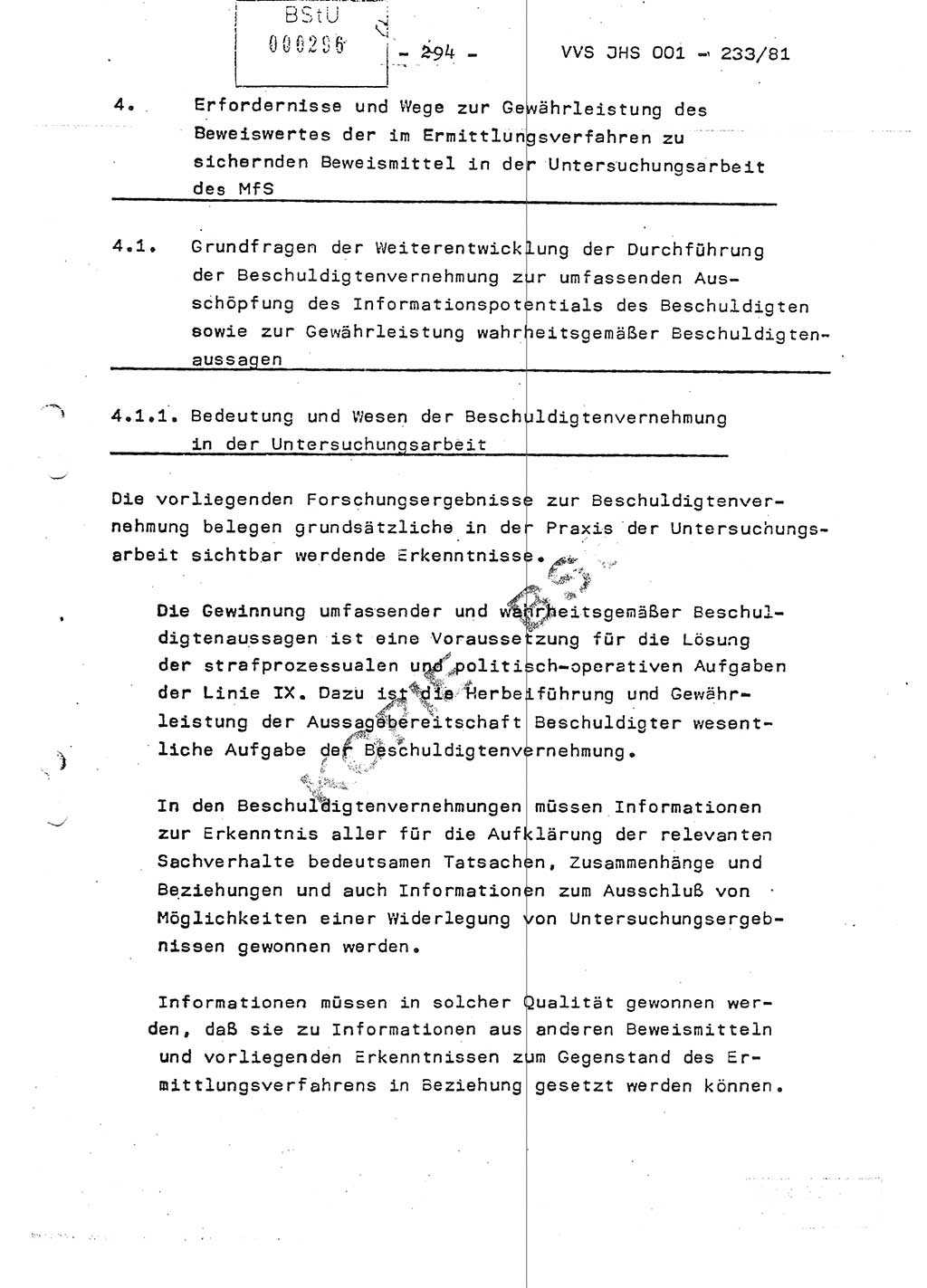 Dissertation Oberstleutnant Horst Zank (JHS), Oberstleutnant Dr. Karl-Heinz Knoblauch (JHS), Oberstleutnant Gustav-Adolf Kowalewski (HA Ⅸ), Oberstleutnant Wolfgang Plötner (HA Ⅸ), Ministerium für Staatssicherheit (MfS) [Deutsche Demokratische Republik (DDR)], Juristische Hochschule (JHS), Vertrauliche Verschlußsache (VVS) o001-233/81, Potsdam 1981, Blatt 294 (Diss. MfS DDR JHS VVS o001-233/81 1981, Bl. 294)