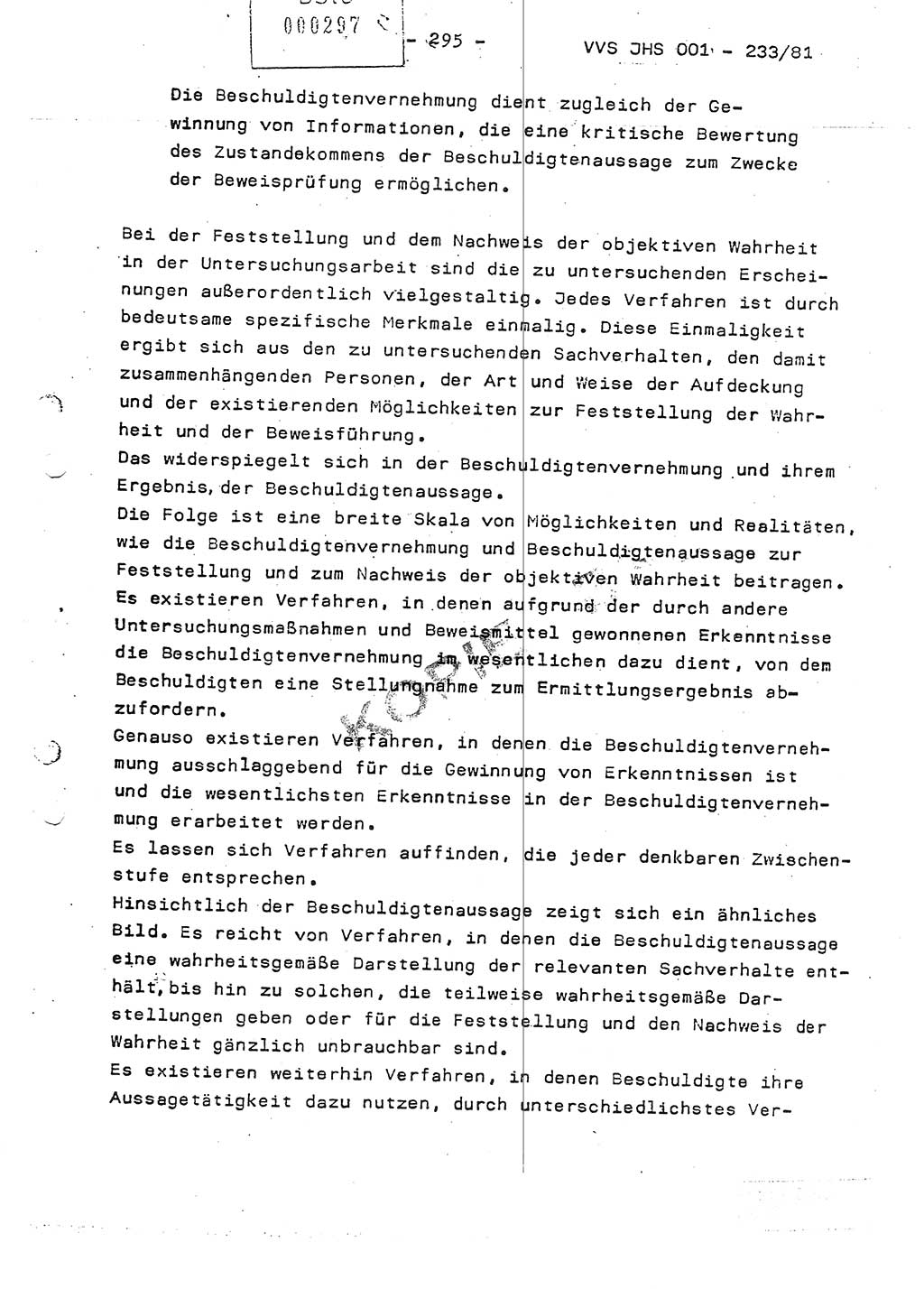 Dissertation Oberstleutnant Horst Zank (JHS), Oberstleutnant Dr. Karl-Heinz Knoblauch (JHS), Oberstleutnant Gustav-Adolf Kowalewski (HA Ⅸ), Oberstleutnant Wolfgang Plötner (HA Ⅸ), Ministerium für Staatssicherheit (MfS) [Deutsche Demokratische Republik (DDR)], Juristische Hochschule (JHS), Vertrauliche Verschlußsache (VVS) o001-233/81, Potsdam 1981, Blatt 295 (Diss. MfS DDR JHS VVS o001-233/81 1981, Bl. 295)
