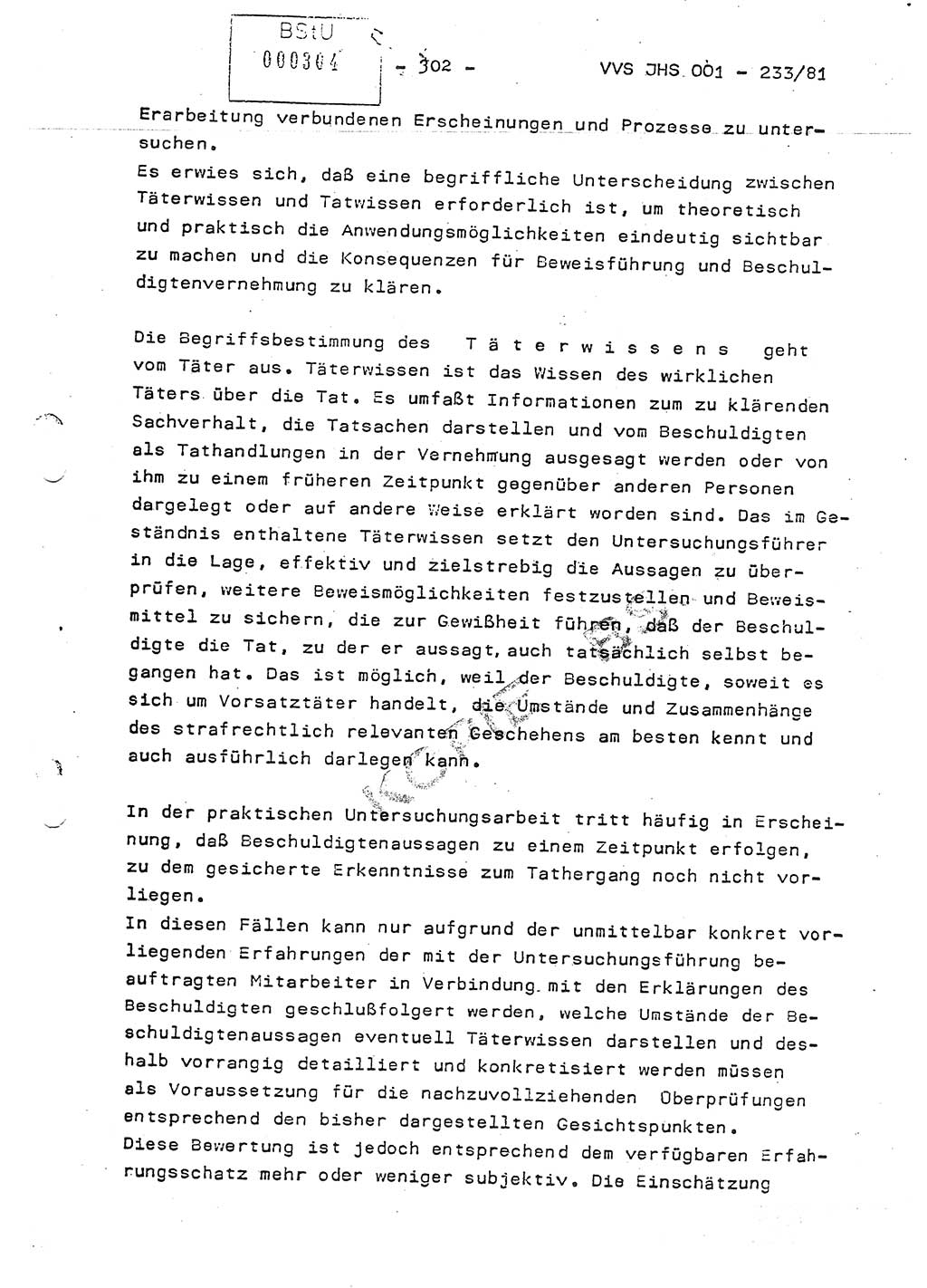 Dissertation Oberstleutnant Horst Zank (JHS), Oberstleutnant Dr. Karl-Heinz Knoblauch (JHS), Oberstleutnant Gustav-Adolf Kowalewski (HA Ⅸ), Oberstleutnant Wolfgang Plötner (HA Ⅸ), Ministerium für Staatssicherheit (MfS) [Deutsche Demokratische Republik (DDR)], Juristische Hochschule (JHS), Vertrauliche Verschlußsache (VVS) o001-233/81, Potsdam 1981, Blatt 302 (Diss. MfS DDR JHS VVS o001-233/81 1981, Bl. 302)