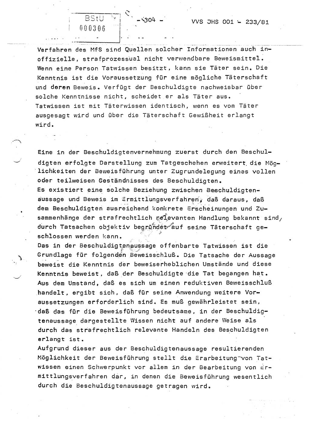 Dissertation Oberstleutnant Horst Zank (JHS), Oberstleutnant Dr. Karl-Heinz Knoblauch (JHS), Oberstleutnant Gustav-Adolf Kowalewski (HA Ⅸ), Oberstleutnant Wolfgang Plötner (HA Ⅸ), Ministerium für Staatssicherheit (MfS) [Deutsche Demokratische Republik (DDR)], Juristische Hochschule (JHS), Vertrauliche Verschlußsache (VVS) o001-233/81, Potsdam 1981, Blatt 304 (Diss. MfS DDR JHS VVS o001-233/81 1981, Bl. 304)