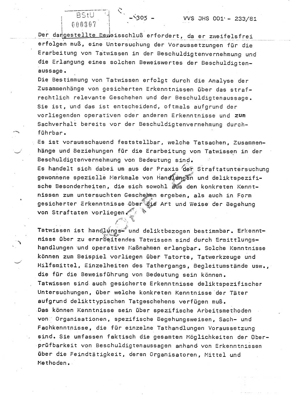 Dissertation Oberstleutnant Horst Zank (JHS), Oberstleutnant Dr. Karl-Heinz Knoblauch (JHS), Oberstleutnant Gustav-Adolf Kowalewski (HA Ⅸ), Oberstleutnant Wolfgang Plötner (HA Ⅸ), Ministerium für Staatssicherheit (MfS) [Deutsche Demokratische Republik (DDR)], Juristische Hochschule (JHS), Vertrauliche Verschlußsache (VVS) o001-233/81, Potsdam 1981, Blatt 305 (Diss. MfS DDR JHS VVS o001-233/81 1981, Bl. 305)