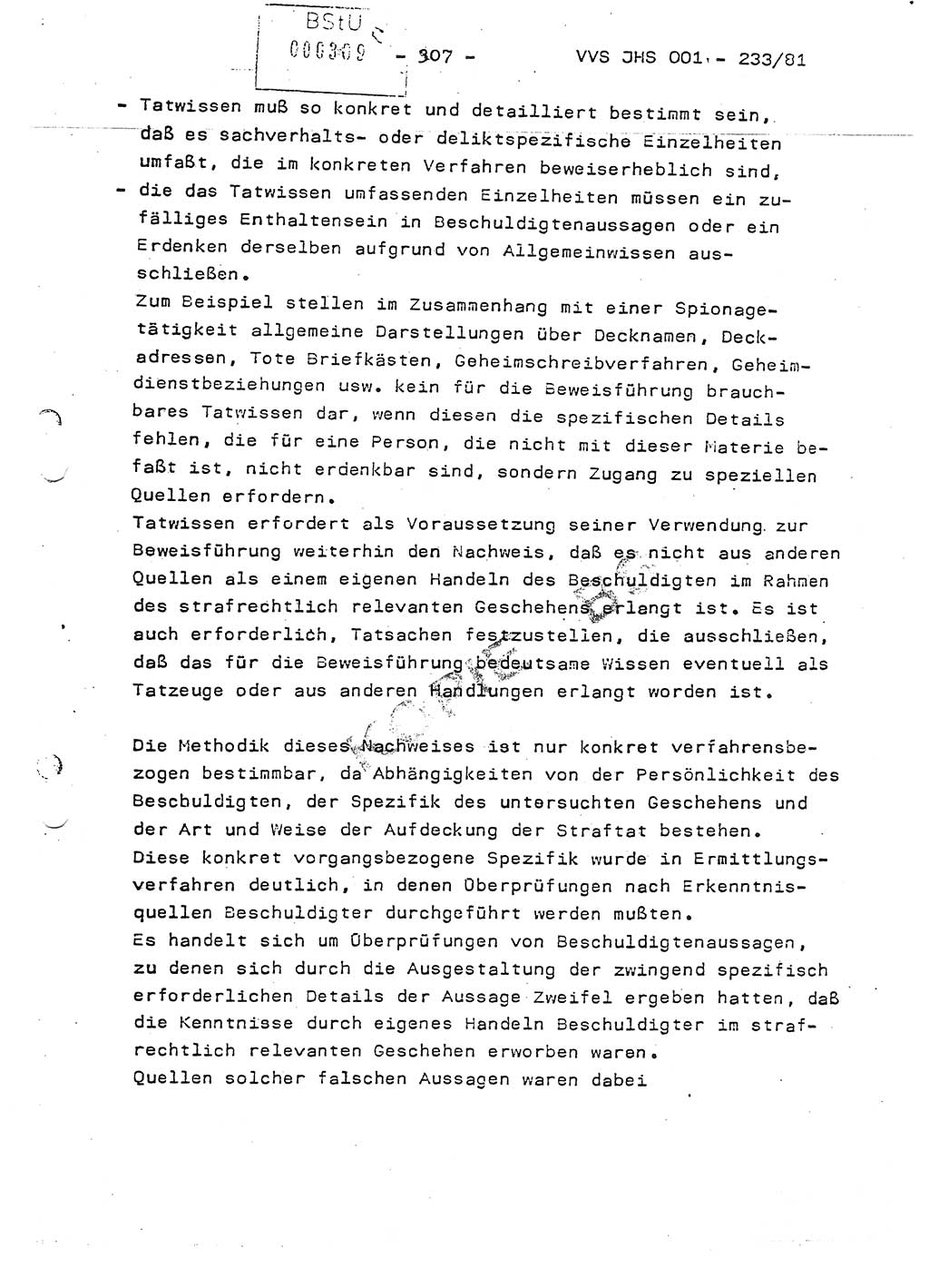 Dissertation Oberstleutnant Horst Zank (JHS), Oberstleutnant Dr. Karl-Heinz Knoblauch (JHS), Oberstleutnant Gustav-Adolf Kowalewski (HA Ⅸ), Oberstleutnant Wolfgang Plötner (HA Ⅸ), Ministerium für Staatssicherheit (MfS) [Deutsche Demokratische Republik (DDR)], Juristische Hochschule (JHS), Vertrauliche Verschlußsache (VVS) o001-233/81, Potsdam 1981, Blatt 307 (Diss. MfS DDR JHS VVS o001-233/81 1981, Bl. 307)