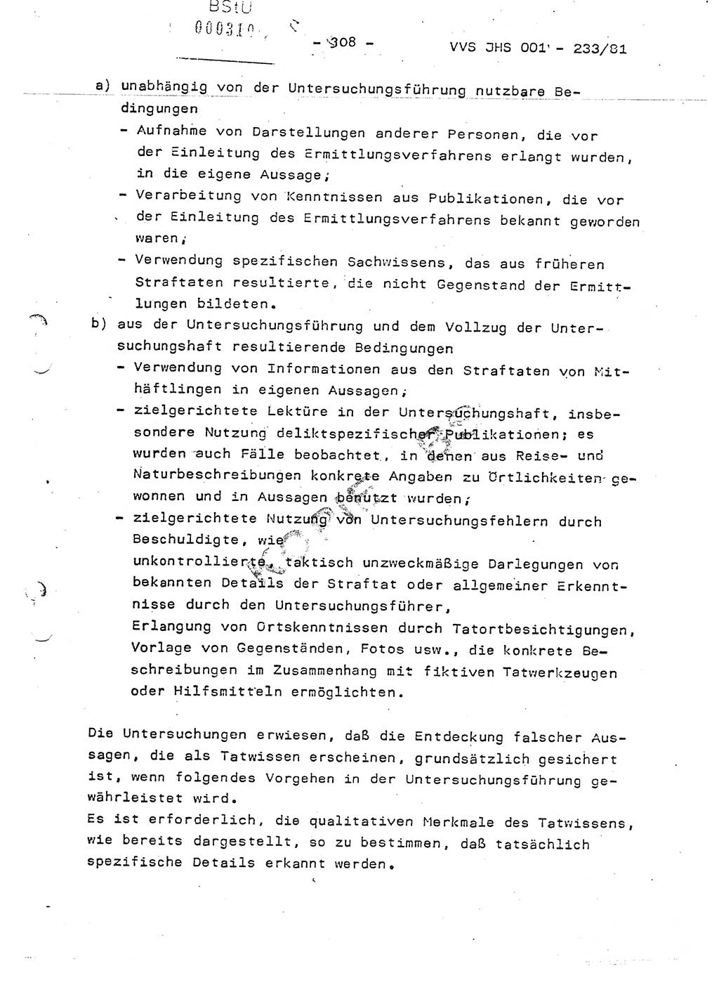 Dissertation Oberstleutnant Horst Zank (JHS), Oberstleutnant Dr. Karl-Heinz Knoblauch (JHS), Oberstleutnant Gustav-Adolf Kowalewski (HA Ⅸ), Oberstleutnant Wolfgang Plötner (HA Ⅸ), Ministerium für Staatssicherheit (MfS) [Deutsche Demokratische Republik (DDR)], Juristische Hochschule (JHS), Vertrauliche Verschlußsache (VVS) o001-233/81, Potsdam 1981, Blatt 308 (Diss. MfS DDR JHS VVS o001-233/81 1981, Bl. 308)