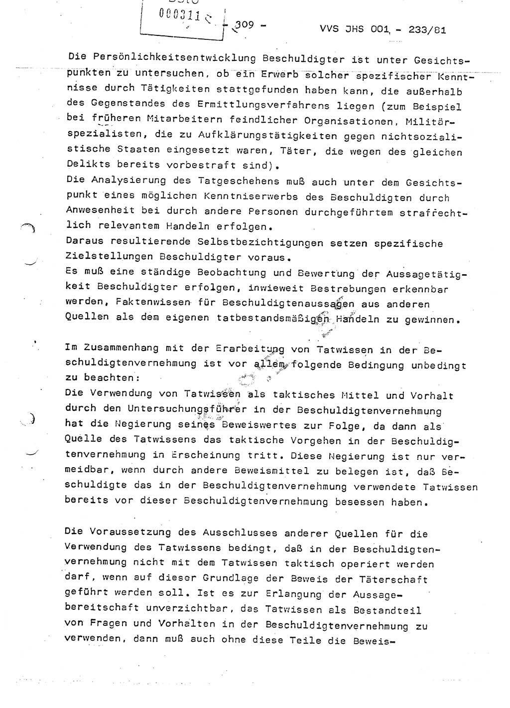 Dissertation Oberstleutnant Horst Zank (JHS), Oberstleutnant Dr. Karl-Heinz Knoblauch (JHS), Oberstleutnant Gustav-Adolf Kowalewski (HA Ⅸ), Oberstleutnant Wolfgang Plötner (HA Ⅸ), Ministerium für Staatssicherheit (MfS) [Deutsche Demokratische Republik (DDR)], Juristische Hochschule (JHS), Vertrauliche Verschlußsache (VVS) o001-233/81, Potsdam 1981, Blatt 309 (Diss. MfS DDR JHS VVS o001-233/81 1981, Bl. 309)