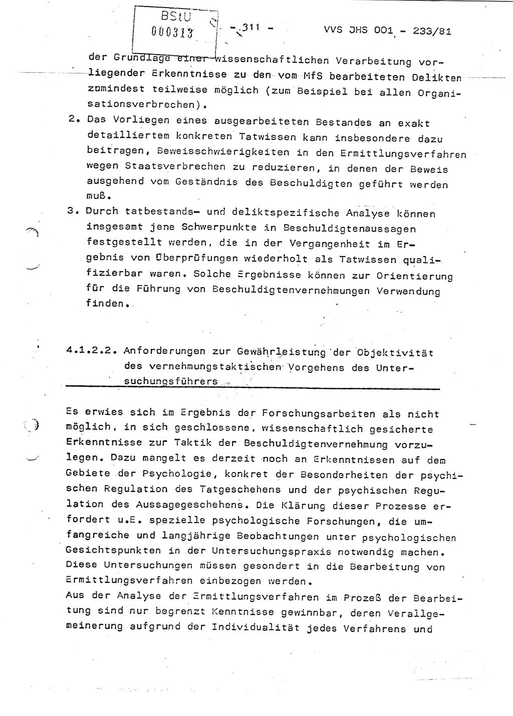 Dissertation Oberstleutnant Horst Zank (JHS), Oberstleutnant Dr. Karl-Heinz Knoblauch (JHS), Oberstleutnant Gustav-Adolf Kowalewski (HA Ⅸ), Oberstleutnant Wolfgang Plötner (HA Ⅸ), Ministerium für Staatssicherheit (MfS) [Deutsche Demokratische Republik (DDR)], Juristische Hochschule (JHS), Vertrauliche Verschlußsache (VVS) o001-233/81, Potsdam 1981, Blatt 311 (Diss. MfS DDR JHS VVS o001-233/81 1981, Bl. 311)