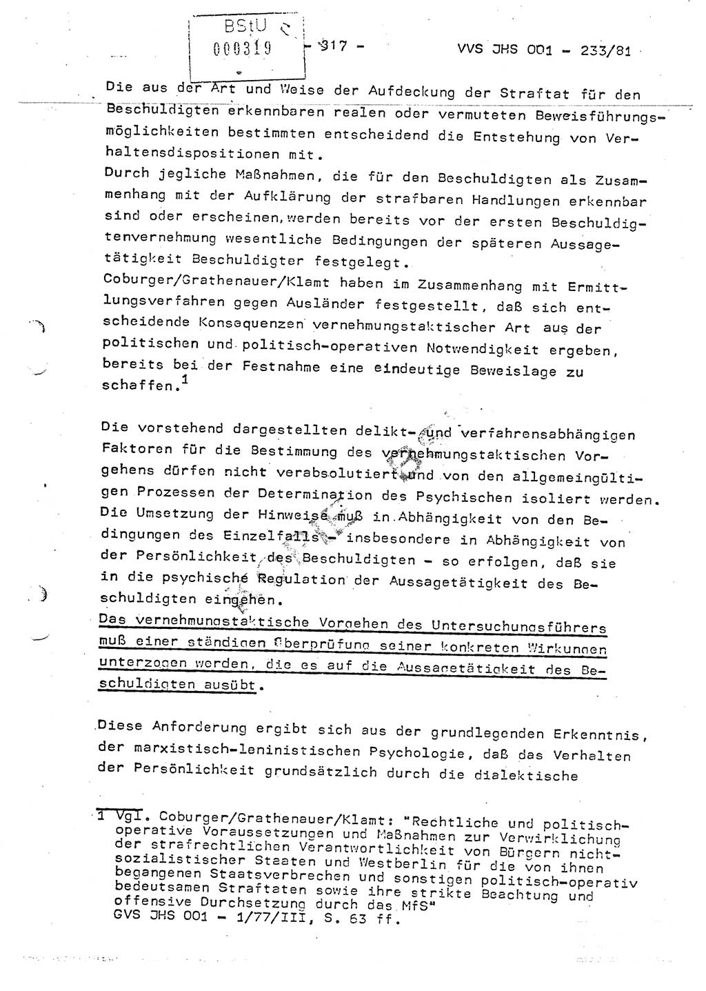 Dissertation Oberstleutnant Horst Zank (JHS), Oberstleutnant Dr. Karl-Heinz Knoblauch (JHS), Oberstleutnant Gustav-Adolf Kowalewski (HA Ⅸ), Oberstleutnant Wolfgang Plötner (HA Ⅸ), Ministerium für Staatssicherheit (MfS) [Deutsche Demokratische Republik (DDR)], Juristische Hochschule (JHS), Vertrauliche Verschlußsache (VVS) o001-233/81, Potsdam 1981, Blatt 317 (Diss. MfS DDR JHS VVS o001-233/81 1981, Bl. 317)