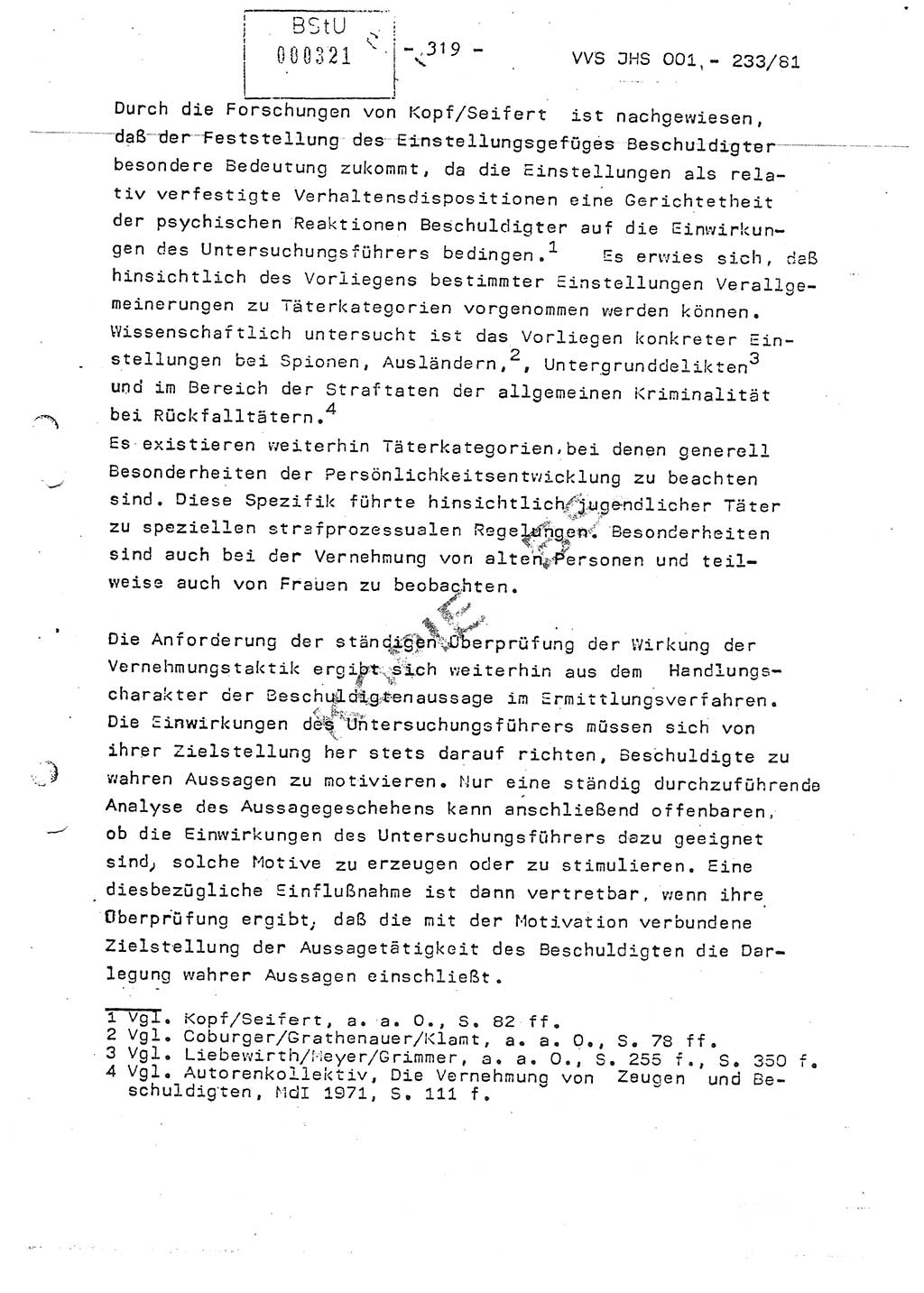 Dissertation Oberstleutnant Horst Zank (JHS), Oberstleutnant Dr. Karl-Heinz Knoblauch (JHS), Oberstleutnant Gustav-Adolf Kowalewski (HA Ⅸ), Oberstleutnant Wolfgang Plötner (HA Ⅸ), Ministerium für Staatssicherheit (MfS) [Deutsche Demokratische Republik (DDR)], Juristische Hochschule (JHS), Vertrauliche Verschlußsache (VVS) o001-233/81, Potsdam 1981, Blatt 319 (Diss. MfS DDR JHS VVS o001-233/81 1981, Bl. 319)