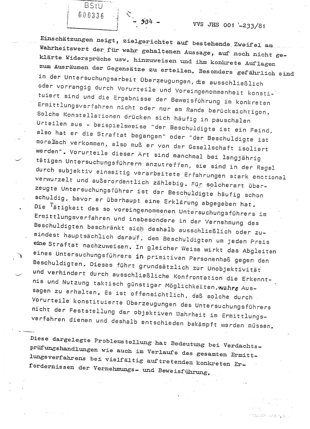 Dissertation Oberstleutnant Horst Zank (JHS), Oberstleutnant Dr. Karl-Heinz Knoblauch (JHS), Oberstleutnant Gustav-Adolf Kowalewski (HA Ⅸ), Oberstleutnant Wolfgang Plötner (HA Ⅸ), Ministerium für Staatssicherheit (MfS) [Deutsche Demokratische Republik (DDR)], Juristische Hochschule (JHS), Vertrauliche Verschlußsache (VVS) o001-233/81, Potsdam 1981, Blatt 334 (Diss. MfS DDR JHS VVS o001-233/81 1981, Bl. 334)