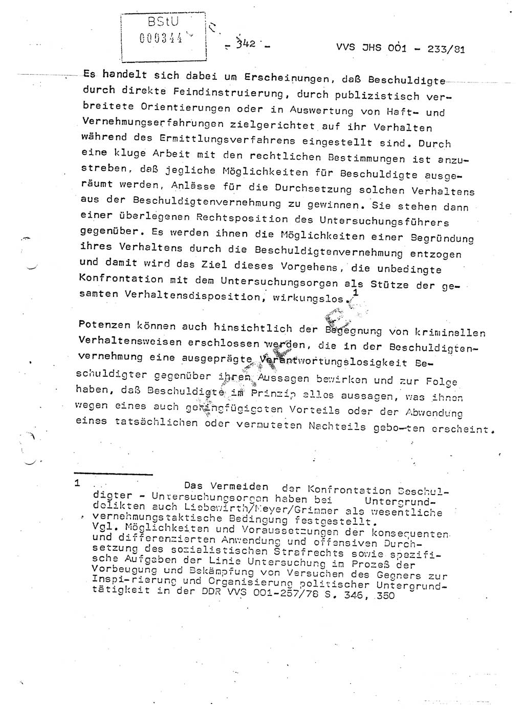 Dissertation Oberstleutnant Horst Zank (JHS), Oberstleutnant Dr. Karl-Heinz Knoblauch (JHS), Oberstleutnant Gustav-Adolf Kowalewski (HA Ⅸ), Oberstleutnant Wolfgang Plötner (HA Ⅸ), Ministerium für Staatssicherheit (MfS) [Deutsche Demokratische Republik (DDR)], Juristische Hochschule (JHS), Vertrauliche Verschlußsache (VVS) o001-233/81, Potsdam 1981, Blatt 342 (Diss. MfS DDR JHS VVS o001-233/81 1981, Bl. 342)
