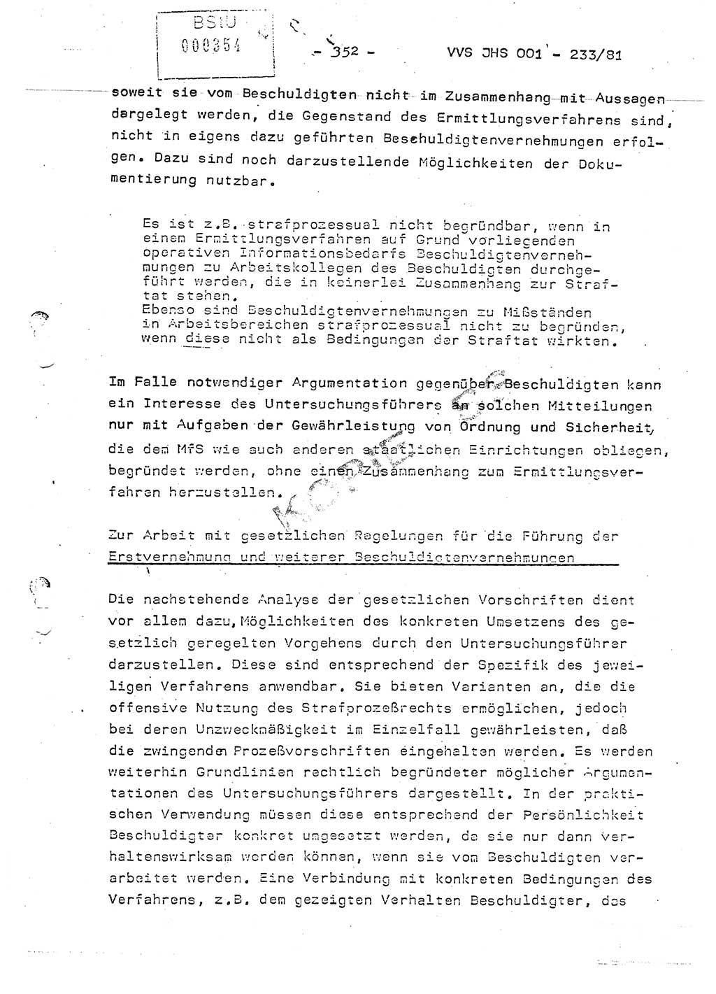 Dissertation Oberstleutnant Horst Zank (JHS), Oberstleutnant Dr. Karl-Heinz Knoblauch (JHS), Oberstleutnant Gustav-Adolf Kowalewski (HA Ⅸ), Oberstleutnant Wolfgang Plötner (HA Ⅸ), Ministerium für Staatssicherheit (MfS) [Deutsche Demokratische Republik (DDR)], Juristische Hochschule (JHS), Vertrauliche Verschlußsache (VVS) o001-233/81, Potsdam 1981, Blatt 352 (Diss. MfS DDR JHS VVS o001-233/81 1981, Bl. 352)