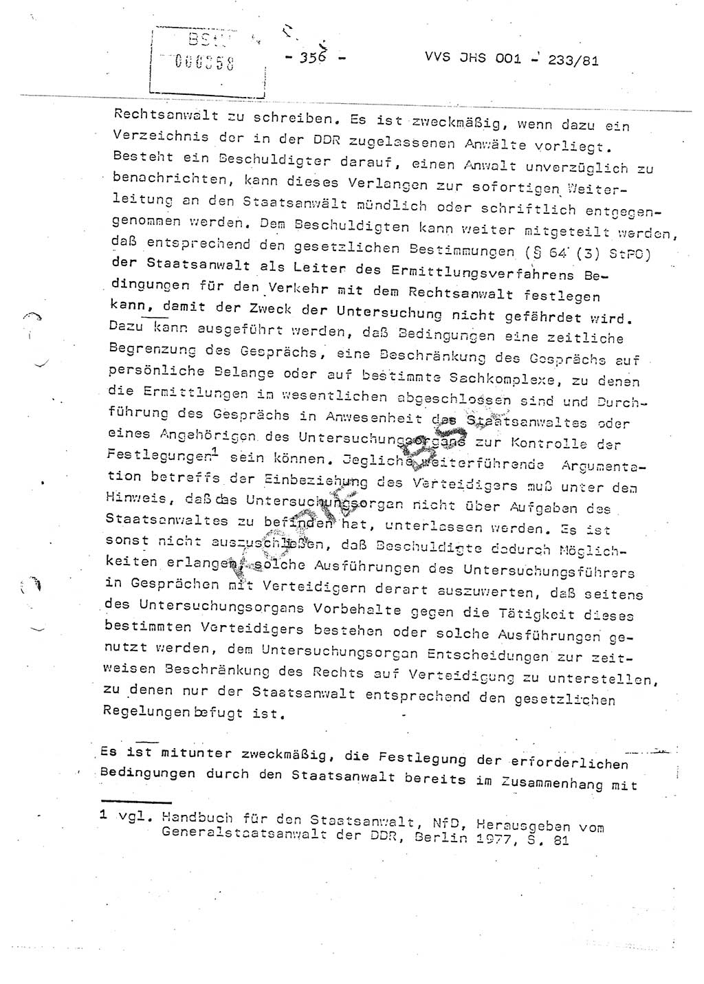 Dissertation Oberstleutnant Horst Zank (JHS), Oberstleutnant Dr. Karl-Heinz Knoblauch (JHS), Oberstleutnant Gustav-Adolf Kowalewski (HA Ⅸ), Oberstleutnant Wolfgang Plötner (HA Ⅸ), Ministerium für Staatssicherheit (MfS) [Deutsche Demokratische Republik (DDR)], Juristische Hochschule (JHS), Vertrauliche Verschlußsache (VVS) o001-233/81, Potsdam 1981, Blatt 356 (Diss. MfS DDR JHS VVS o001-233/81 1981, Bl. 356)