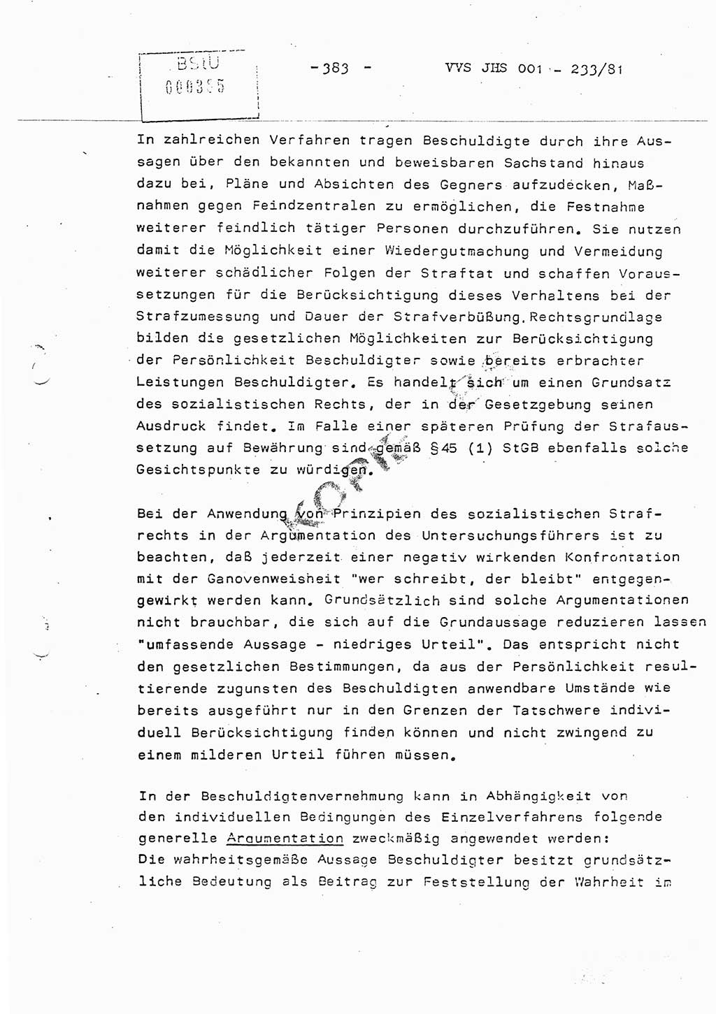 Dissertation Oberstleutnant Horst Zank (JHS), Oberstleutnant Dr. Karl-Heinz Knoblauch (JHS), Oberstleutnant Gustav-Adolf Kowalewski (HA Ⅸ), Oberstleutnant Wolfgang Plötner (HA Ⅸ), Ministerium für Staatssicherheit (MfS) [Deutsche Demokratische Republik (DDR)], Juristische Hochschule (JHS), Vertrauliche Verschlußsache (VVS) o001-233/81, Potsdam 1981, Blatt 383 (Diss. MfS DDR JHS VVS o001-233/81 1981, Bl. 383)