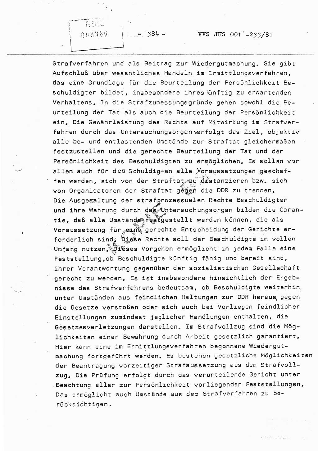 Dissertation Oberstleutnant Horst Zank (JHS), Oberstleutnant Dr. Karl-Heinz Knoblauch (JHS), Oberstleutnant Gustav-Adolf Kowalewski (HA Ⅸ), Oberstleutnant Wolfgang Plötner (HA Ⅸ), Ministerium für Staatssicherheit (MfS) [Deutsche Demokratische Republik (DDR)], Juristische Hochschule (JHS), Vertrauliche Verschlußsache (VVS) o001-233/81, Potsdam 1981, Blatt 384 (Diss. MfS DDR JHS VVS o001-233/81 1981, Bl. 384)