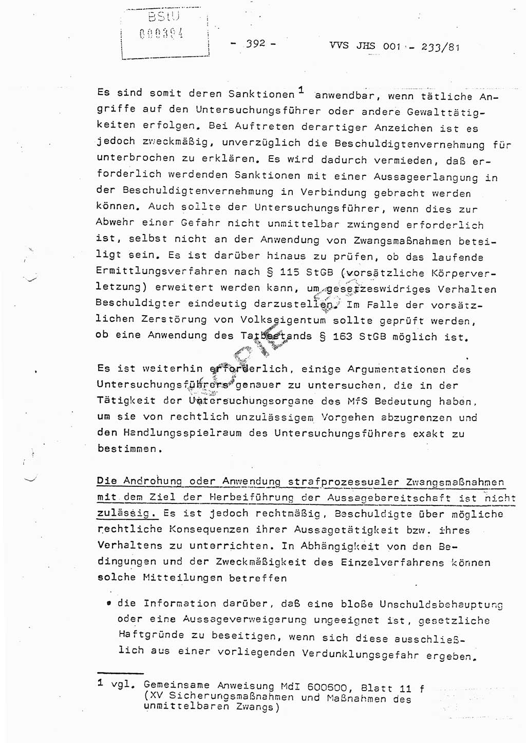 Dissertation Oberstleutnant Horst Zank (JHS), Oberstleutnant Dr. Karl-Heinz Knoblauch (JHS), Oberstleutnant Gustav-Adolf Kowalewski (HA Ⅸ), Oberstleutnant Wolfgang Plötner (HA Ⅸ), Ministerium für Staatssicherheit (MfS) [Deutsche Demokratische Republik (DDR)], Juristische Hochschule (JHS), Vertrauliche Verschlußsache (VVS) o001-233/81, Potsdam 1981, Blatt 392 (Diss. MfS DDR JHS VVS o001-233/81 1981, Bl. 392)