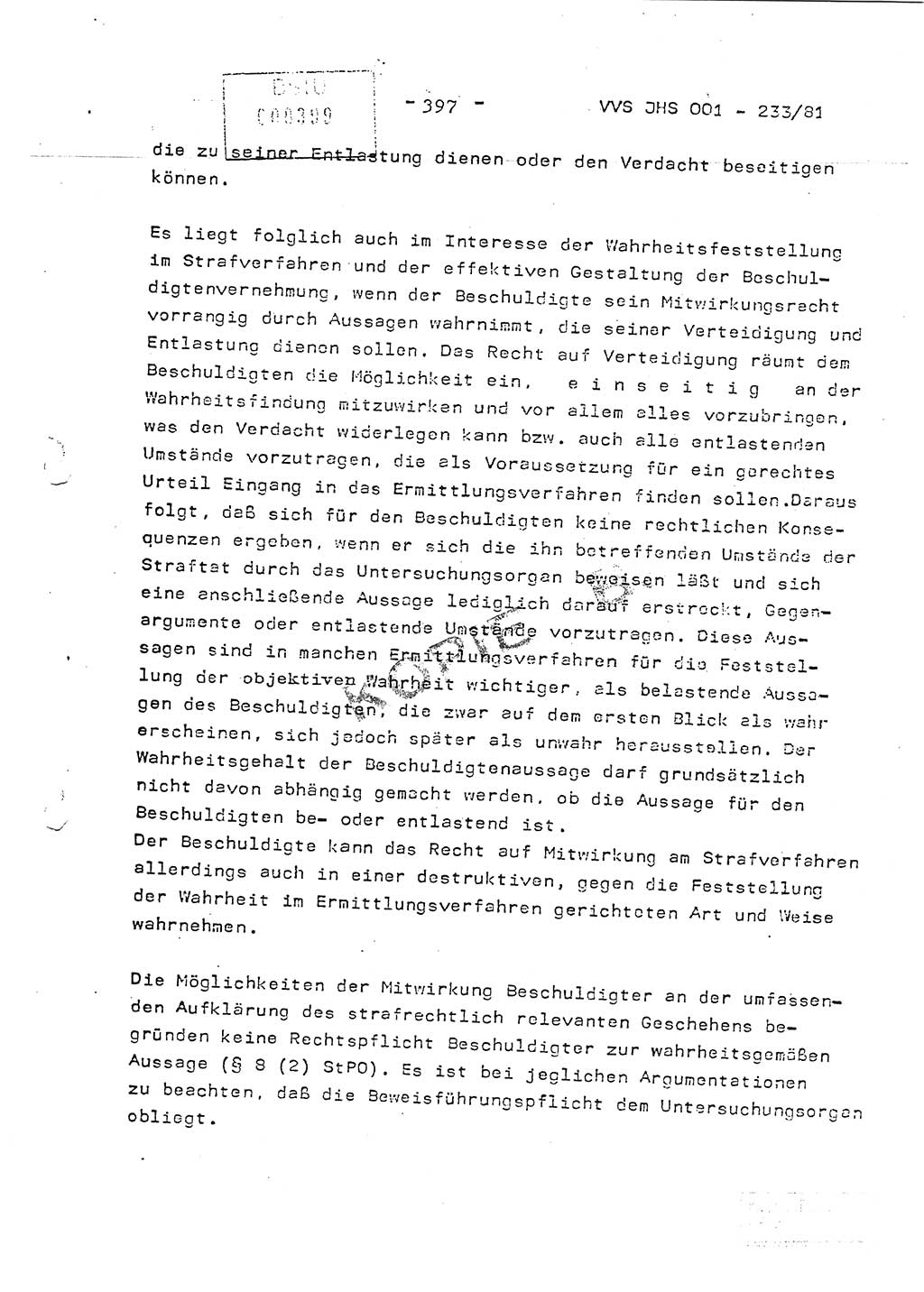 Dissertation Oberstleutnant Horst Zank (JHS), Oberstleutnant Dr. Karl-Heinz Knoblauch (JHS), Oberstleutnant Gustav-Adolf Kowalewski (HA Ⅸ), Oberstleutnant Wolfgang Plötner (HA Ⅸ), Ministerium für Staatssicherheit (MfS) [Deutsche Demokratische Republik (DDR)], Juristische Hochschule (JHS), Vertrauliche Verschlußsache (VVS) o001-233/81, Potsdam 1981, Blatt 397 (Diss. MfS DDR JHS VVS o001-233/81 1981, Bl. 397)