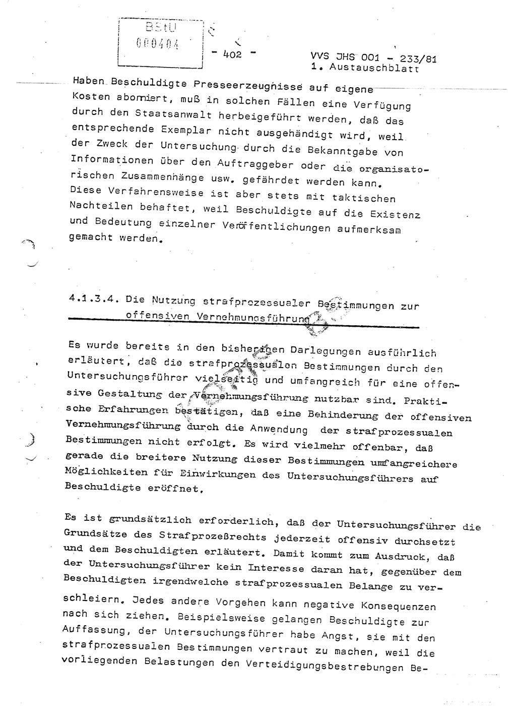 Dissertation Oberstleutnant Horst Zank (JHS), Oberstleutnant Dr. Karl-Heinz Knoblauch (JHS), Oberstleutnant Gustav-Adolf Kowalewski (HA Ⅸ), Oberstleutnant Wolfgang Plötner (HA Ⅸ), Ministerium für Staatssicherheit (MfS) [Deutsche Demokratische Republik (DDR)], Juristische Hochschule (JHS), Vertrauliche Verschlußsache (VVS) o001-233/81, Potsdam 1981, Blatt 402 (Diss. MfS DDR JHS VVS o001-233/81 1981, Bl. 402)