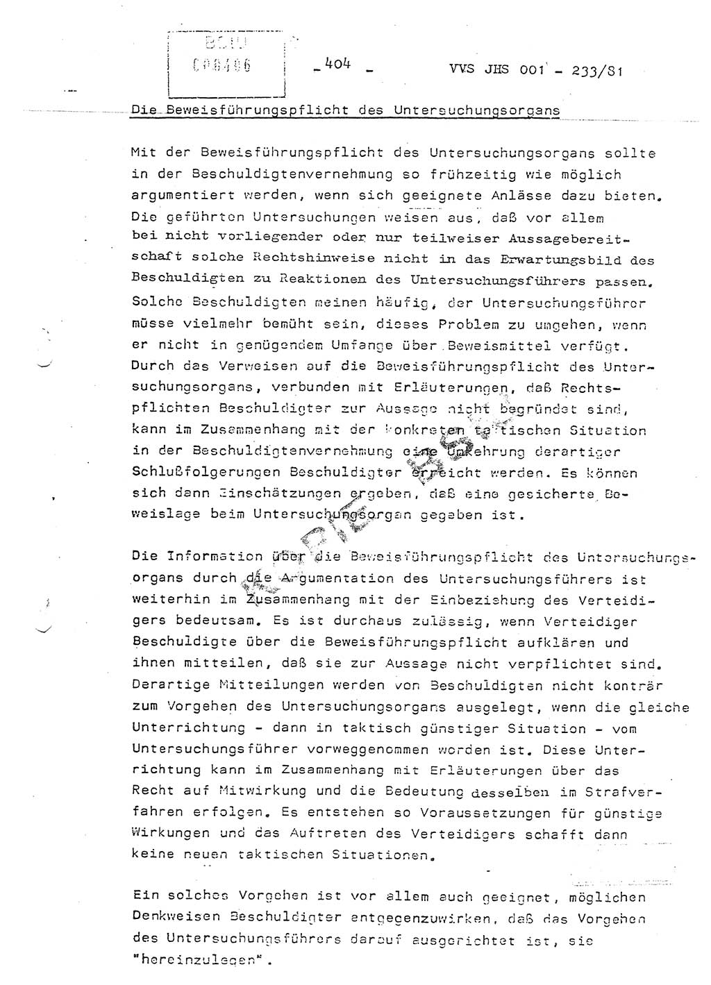 Dissertation Oberstleutnant Horst Zank (JHS), Oberstleutnant Dr. Karl-Heinz Knoblauch (JHS), Oberstleutnant Gustav-Adolf Kowalewski (HA Ⅸ), Oberstleutnant Wolfgang Plötner (HA Ⅸ), Ministerium für Staatssicherheit (MfS) [Deutsche Demokratische Republik (DDR)], Juristische Hochschule (JHS), Vertrauliche Verschlußsache (VVS) o001-233/81, Potsdam 1981, Blatt 404 (Diss. MfS DDR JHS VVS o001-233/81 1981, Bl. 404)