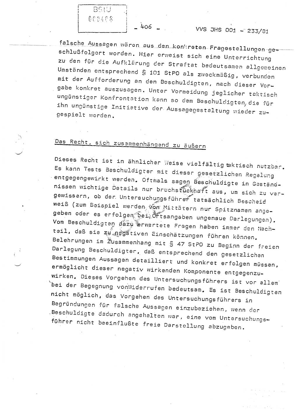 Dissertation Oberstleutnant Horst Zank (JHS), Oberstleutnant Dr. Karl-Heinz Knoblauch (JHS), Oberstleutnant Gustav-Adolf Kowalewski (HA Ⅸ), Oberstleutnant Wolfgang Plötner (HA Ⅸ), Ministerium für Staatssicherheit (MfS) [Deutsche Demokratische Republik (DDR)], Juristische Hochschule (JHS), Vertrauliche Verschlußsache (VVS) o001-233/81, Potsdam 1981, Blatt 406 (Diss. MfS DDR JHS VVS o001-233/81 1981, Bl. 406)