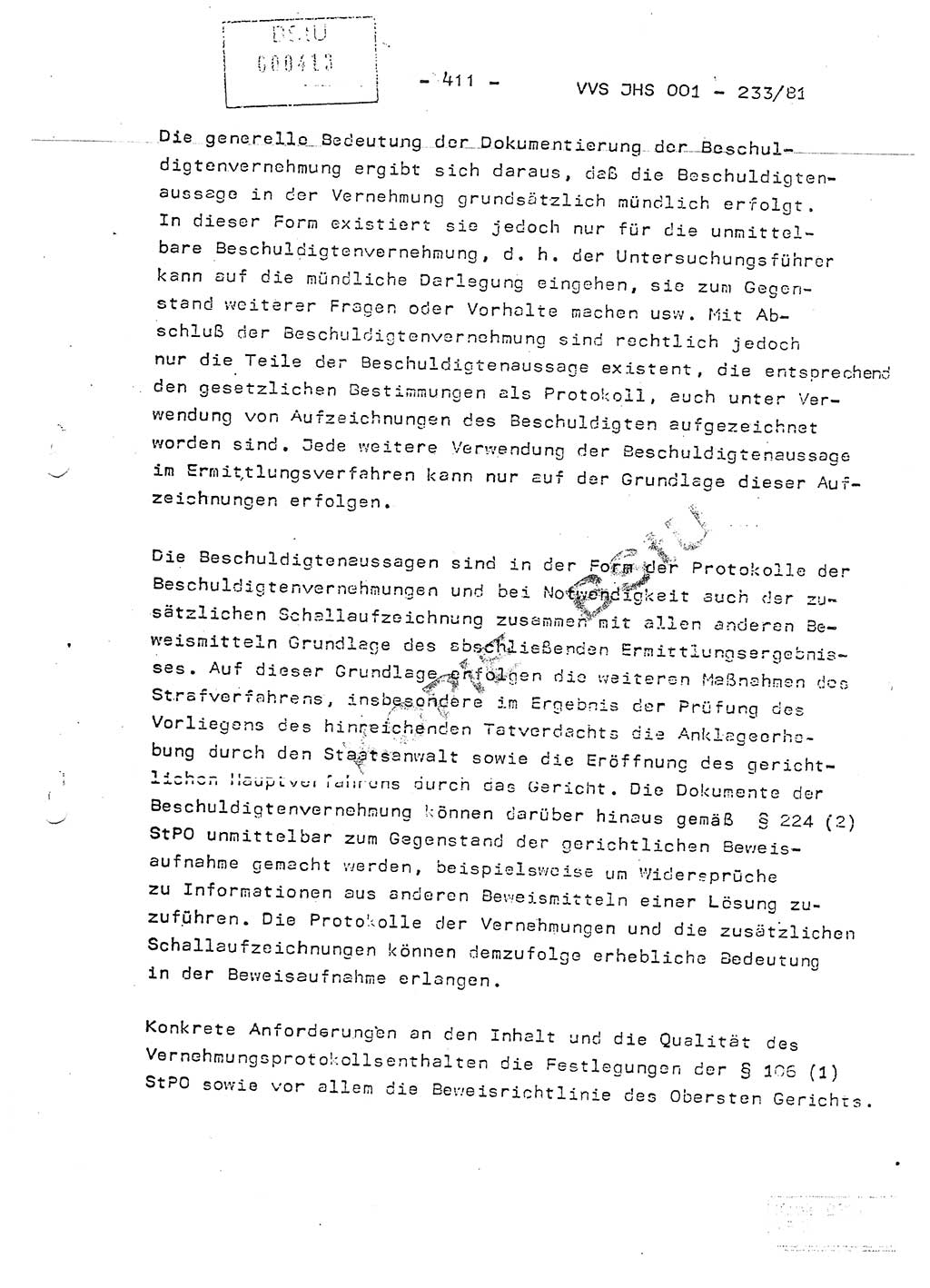 Dissertation Oberstleutnant Horst Zank (JHS), Oberstleutnant Dr. Karl-Heinz Knoblauch (JHS), Oberstleutnant Gustav-Adolf Kowalewski (HA Ⅸ), Oberstleutnant Wolfgang Plötner (HA Ⅸ), Ministerium für Staatssicherheit (MfS) [Deutsche Demokratische Republik (DDR)], Juristische Hochschule (JHS), Vertrauliche Verschlußsache (VVS) o001-233/81, Potsdam 1981, Blatt 411 (Diss. MfS DDR JHS VVS o001-233/81 1981, Bl. 411)