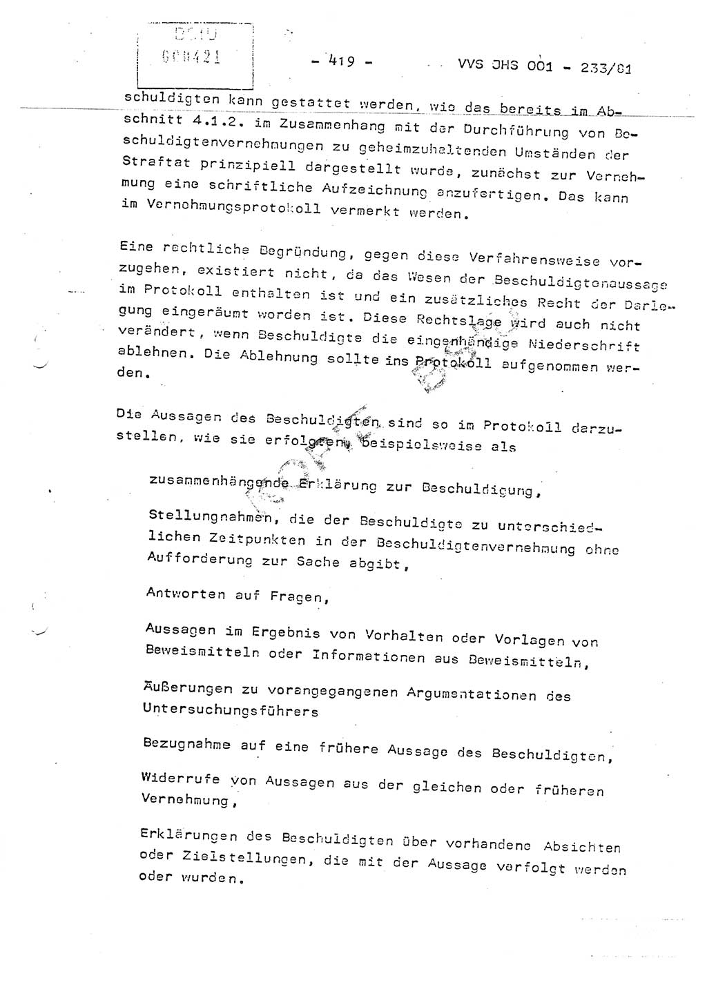 Dissertation Oberstleutnant Horst Zank (JHS), Oberstleutnant Dr. Karl-Heinz Knoblauch (JHS), Oberstleutnant Gustav-Adolf Kowalewski (HA Ⅸ), Oberstleutnant Wolfgang Plötner (HA Ⅸ), Ministerium für Staatssicherheit (MfS) [Deutsche Demokratische Republik (DDR)], Juristische Hochschule (JHS), Vertrauliche Verschlußsache (VVS) o001-233/81, Potsdam 1981, Blatt 419 (Diss. MfS DDR JHS VVS o001-233/81 1981, Bl. 419)