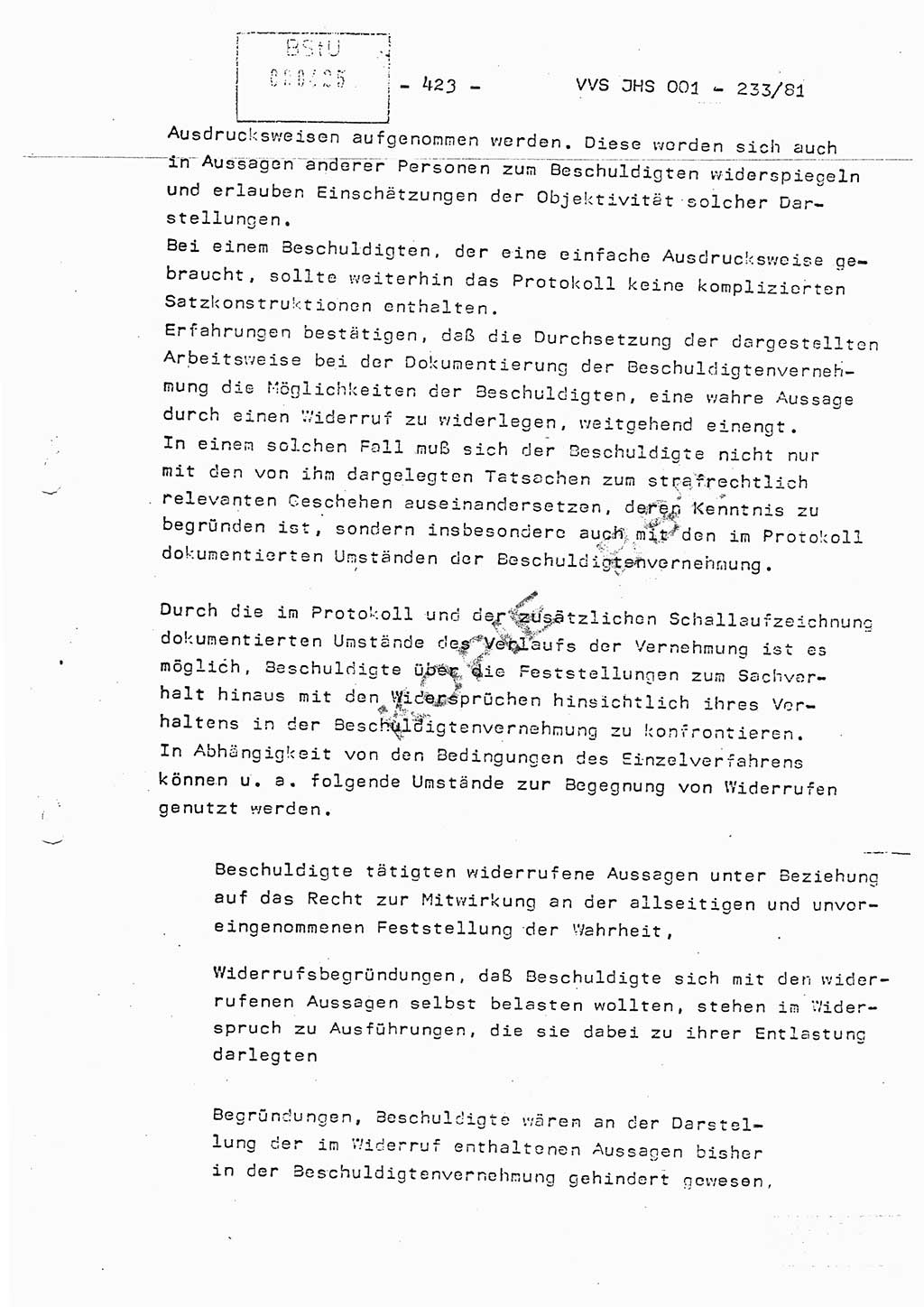 Dissertation Oberstleutnant Horst Zank (JHS), Oberstleutnant Dr. Karl-Heinz Knoblauch (JHS), Oberstleutnant Gustav-Adolf Kowalewski (HA Ⅸ), Oberstleutnant Wolfgang Plötner (HA Ⅸ), Ministerium für Staatssicherheit (MfS) [Deutsche Demokratische Republik (DDR)], Juristische Hochschule (JHS), Vertrauliche Verschlußsache (VVS) o001-233/81, Potsdam 1981, Blatt 423 (Diss. MfS DDR JHS VVS o001-233/81 1981, Bl. 423)