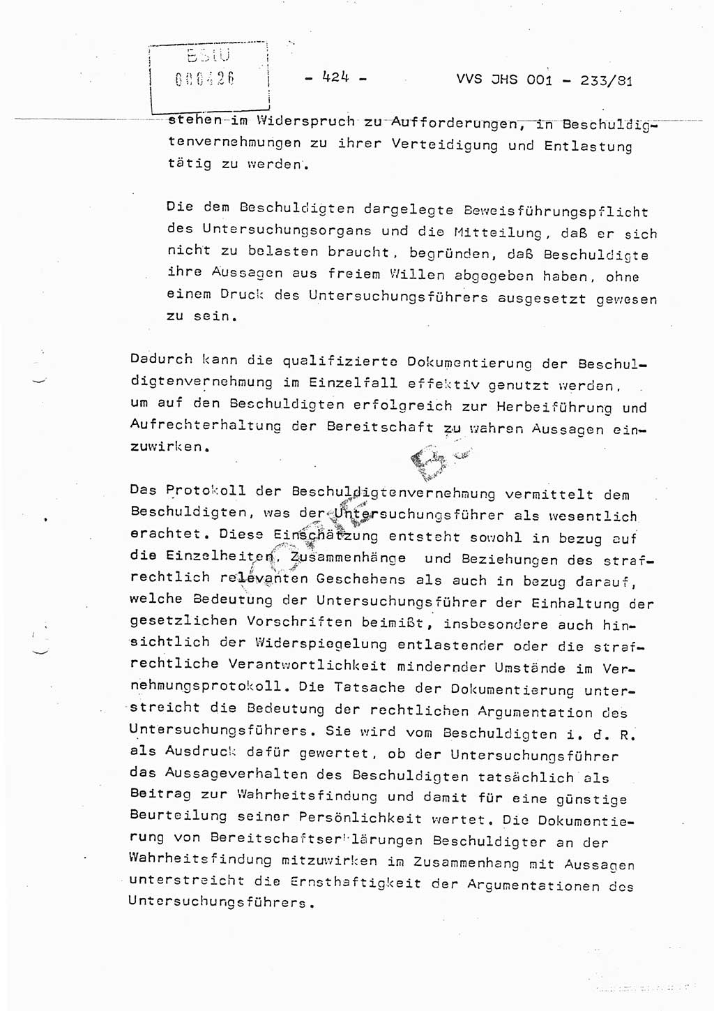 Dissertation Oberstleutnant Horst Zank (JHS), Oberstleutnant Dr. Karl-Heinz Knoblauch (JHS), Oberstleutnant Gustav-Adolf Kowalewski (HA Ⅸ), Oberstleutnant Wolfgang Plötner (HA Ⅸ), Ministerium für Staatssicherheit (MfS) [Deutsche Demokratische Republik (DDR)], Juristische Hochschule (JHS), Vertrauliche Verschlußsache (VVS) o001-233/81, Potsdam 1981, Blatt 424 (Diss. MfS DDR JHS VVS o001-233/81 1981, Bl. 424)