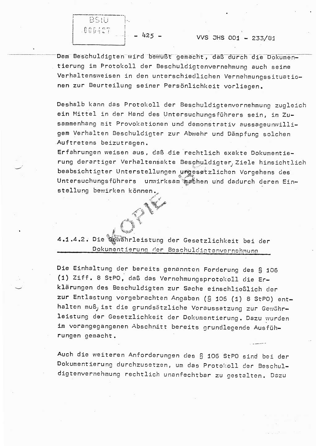 Dissertation Oberstleutnant Horst Zank (JHS), Oberstleutnant Dr. Karl-Heinz Knoblauch (JHS), Oberstleutnant Gustav-Adolf Kowalewski (HA Ⅸ), Oberstleutnant Wolfgang Plötner (HA Ⅸ), Ministerium für Staatssicherheit (MfS) [Deutsche Demokratische Republik (DDR)], Juristische Hochschule (JHS), Vertrauliche Verschlußsache (VVS) o001-233/81, Potsdam 1981, Blatt 425 (Diss. MfS DDR JHS VVS o001-233/81 1981, Bl. 425)