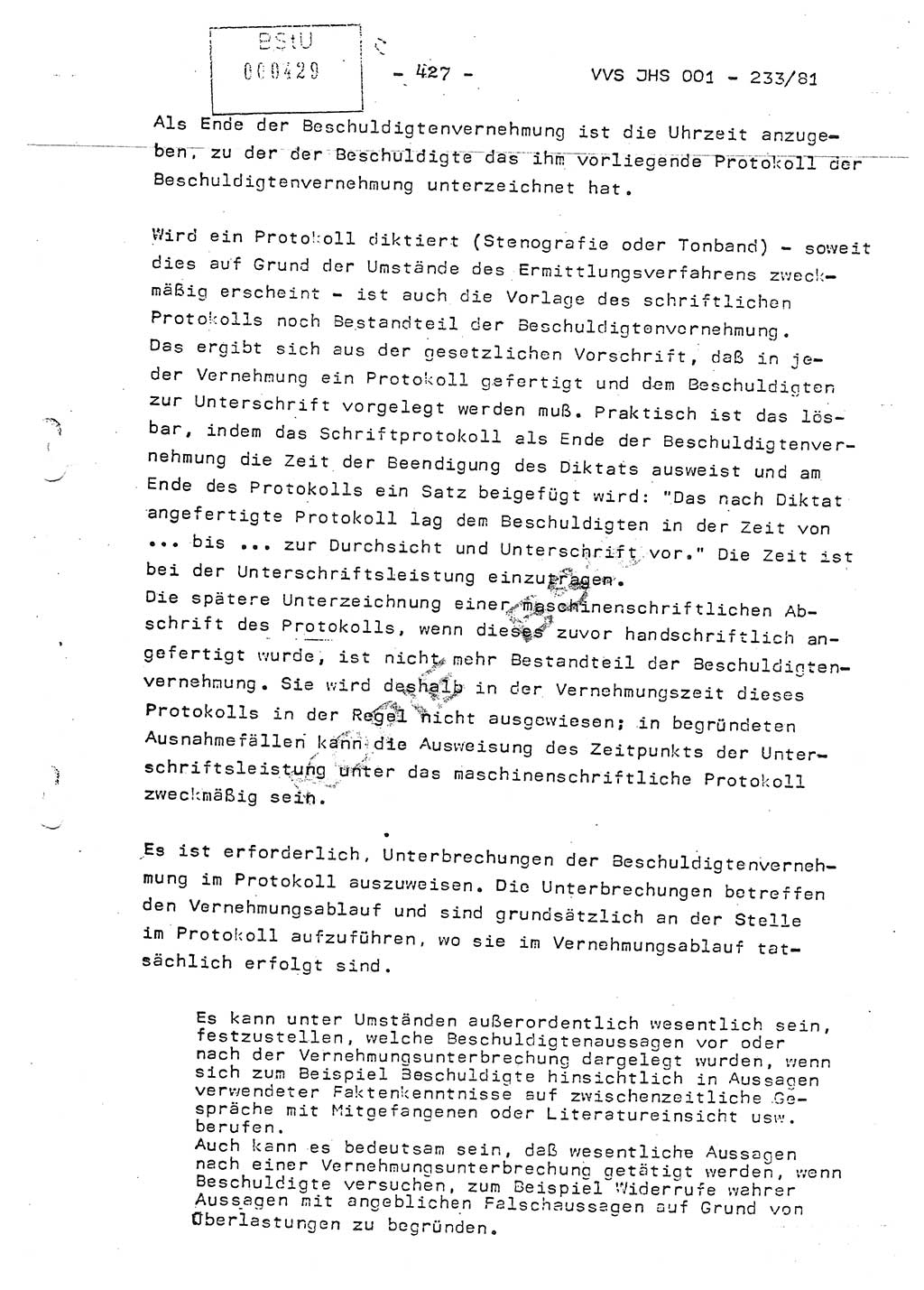 Dissertation Oberstleutnant Horst Zank (JHS), Oberstleutnant Dr. Karl-Heinz Knoblauch (JHS), Oberstleutnant Gustav-Adolf Kowalewski (HA Ⅸ), Oberstleutnant Wolfgang Plötner (HA Ⅸ), Ministerium für Staatssicherheit (MfS) [Deutsche Demokratische Republik (DDR)], Juristische Hochschule (JHS), Vertrauliche Verschlußsache (VVS) o001-233/81, Potsdam 1981, Blatt 427 (Diss. MfS DDR JHS VVS o001-233/81 1981, Bl. 427)