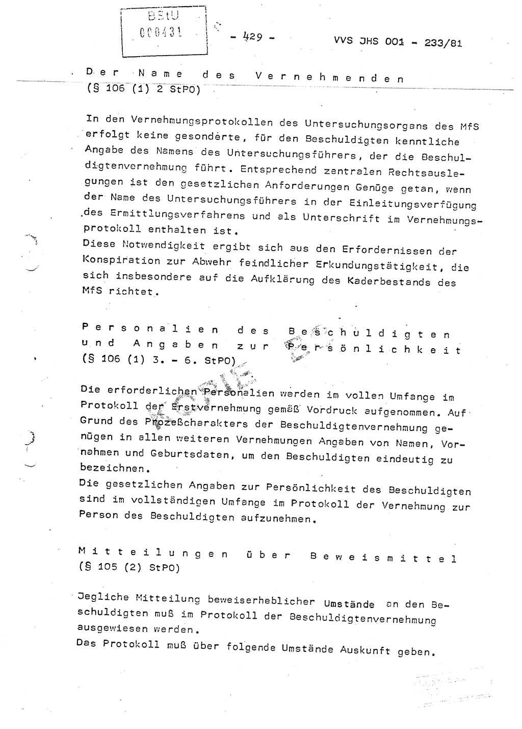Dissertation Oberstleutnant Horst Zank (JHS), Oberstleutnant Dr. Karl-Heinz Knoblauch (JHS), Oberstleutnant Gustav-Adolf Kowalewski (HA Ⅸ), Oberstleutnant Wolfgang Plötner (HA Ⅸ), Ministerium für Staatssicherheit (MfS) [Deutsche Demokratische Republik (DDR)], Juristische Hochschule (JHS), Vertrauliche Verschlußsache (VVS) o001-233/81, Potsdam 1981, Blatt 429 (Diss. MfS DDR JHS VVS o001-233/81 1981, Bl. 429)